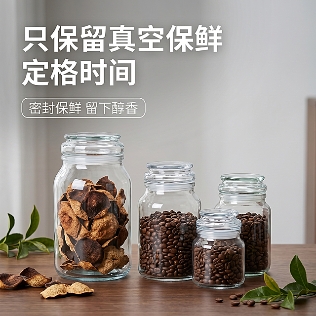 1:1正方形电商详情页主图，4K超高清写实商业摄影，柔和室内自然光，简约清新居家场景，前景为深胡桃木色桌面#8B6B4F，背景为浅灰色虚化墙面#E8E8E8，桌面角落摆放散落陈皮干和新鲜茶枝。画面下半部分错落摆放四个直筒加厚透明玻璃茶叶罐，保持罐子外形、比例、材质与参考图一致，四个罐子多规格高低错落陈列：左侧大号罐子装满干陈皮，陈皮颜色质感参考第二张参考图，右侧三个小号罐子依次装满深烘焙咖啡豆，玻璃通透带有自然高光。画面左上角，大号加粗白色#FFFFFF文字："只保留真空保鲜 定格时间"，文字下方圆角矩形细线框内白色文字："密封保鲜 留下醇香"。整体呈现高级轻奢质感，玻璃通透有自然高光，光影层次柔和，细节锐利清晰，无多余杂物，电商真空咖啡豆储存罐主图质感。[负向提示词] 变形，改变罐子外形比例，水印，文字错乱，背景杂乱，遮挡主体，陈皮颜色不对，咖啡豆不对。