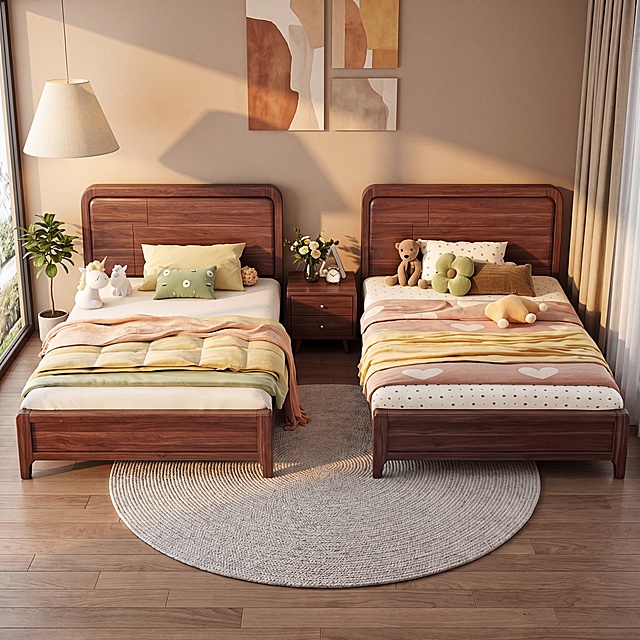 高低床，严格参照上传产品图https://gdesign-dam-hz.dancf.com/36599304789678179/21cb7b2c2e14487684b718c7ff7a2a79.png，完整保留所有可见组件、部件、轮廓形状、结构、比例、材质质感、颜色与上传图完全一致。
室内儿童卧室空间，胡桃棕暖色调，两张床配中间床头柜，保留双床组合。
主光从左侧落地窗斜入45°，还原参考图自然光方向，产品受光面泛起暖棕暖色、暗部映射浅灰光晕，与环境物理融合。
中景居中，微侧15°视角。
全量换款清单：①墙面：参考图纯白 → 生成图奶咖色乳胶漆墙面；②地面：参考图纯白 → 生成图浅胡桃木实木地板；③吊灯：参考图无 → 生成图左侧棉麻锥形吊灯，暖黄色；④地毯：参考图无 → 生成床下浅灰色肌理地毯，圆形纹理；⑤床头柜：参考图胡桃木双抽 → 生成图胡桃木双抽床头柜（同材质，换把手款式）；⑥装饰画：参考图无 → 生成床头墙面挂抽象暖色块装饰画；⑦窗帘：参考图无 → 生成右侧落地窗配卡其色亚麻窗帘；⑧绿植：参考图花瓶花束 → 生成床头柜左侧小盆栽。
消除品牌文字。4K 分辨率，严格锁定宽高比为 1:1