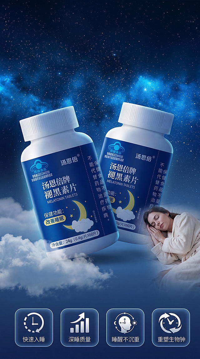 褪黑素片保健品，严格参照上传产品图https://gdesign-dam-hz.dancf.com/36599569828267041/13b891c8f4e94e849e029b0cc26a2c5a.png，完整保留所有可见组件、部件、轮廓形状、结构、比例、材质质感、颜色与产品本体上的文字信息，与上传图完全一致。
星空夜晚睡眠主题场景，深蓝色星空主色调。
两瓶褪黑素产品搭配入睡女性的温馨组合，还原参考图侧逆光氛围感，产品受光面泛起深蓝色光泽、暗部映射浅蓝光晕，与环境物理融合。产品居中偏下展示，微侧视角偏转20度。
全量换款清单：①产品瓶身：参考图棕色琥珀瓶 → 生成图白色瓶身深蓝色标签（保留产品信息，仅换瓶身设计）；②背景：参考图深蓝色渐变星空 → 生成图深蓝色星空点缀淡蓝色星云；③云朵：参考图左下角大片积云 → 生成图左下角轻薄层积云；④人物：保留参考图欧美女性、侧卧安睡姿态、靠睡在场景右侧，参考图浅灰色毯子 → 生成图米白色棉质睡袍（同性别肤色姿态保留，仅换服装）；⑤底部功能图标：参考图四个圆形功能图标 → 生成图四个圆角方形功能图标，保留功能分类仅换设计样式
消除参考图原有品牌文字。4K 分辨率，严格锁定宽高比为 9:16。
