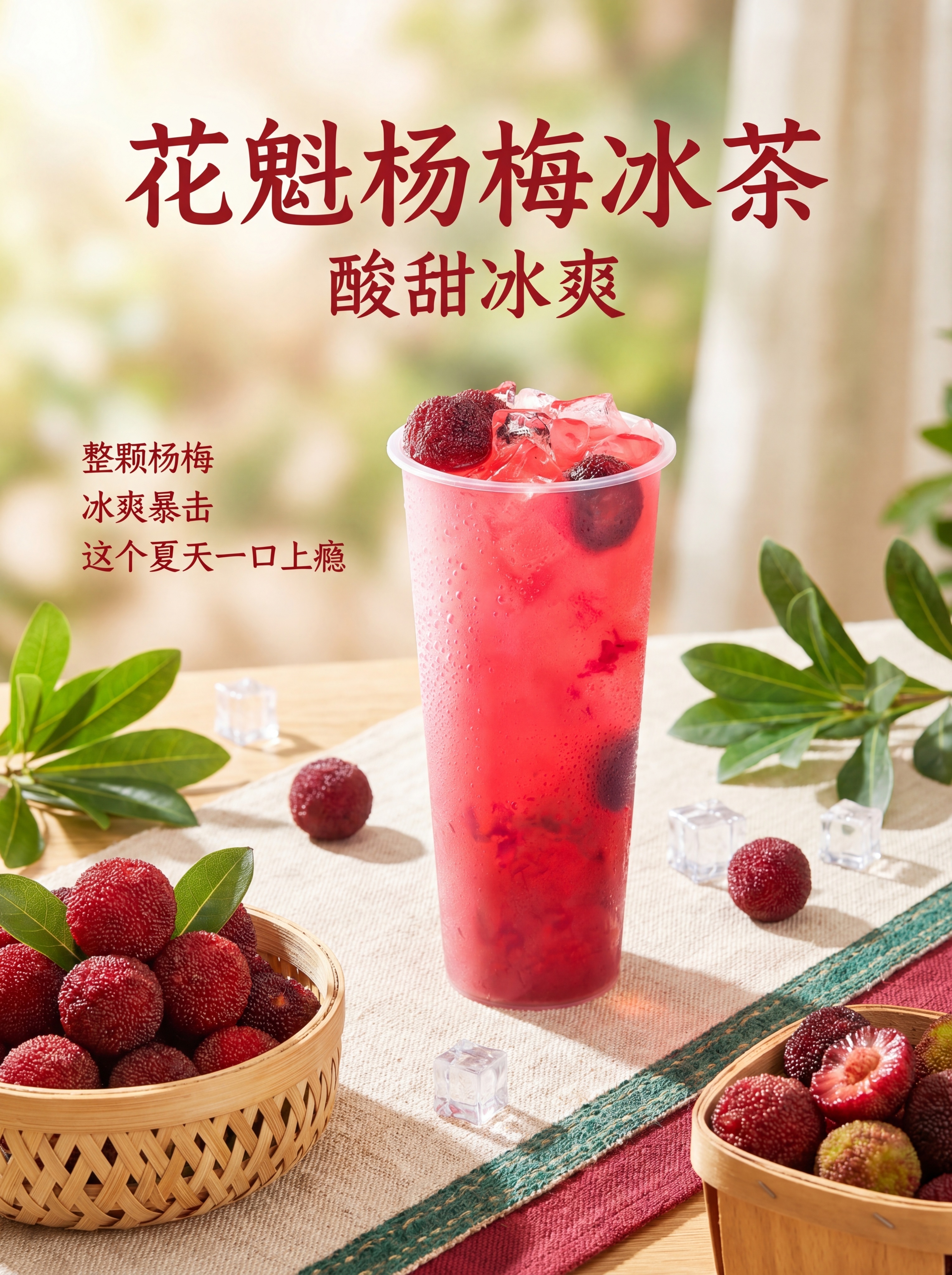 饮品，严格参照图一上传产品图，完整保留所有可见杯体、杨梅、冰块… - 图片创意预览
