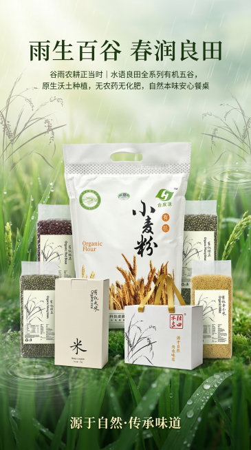 以提供的多种农产品包装产品为主体，将小麦产品放大，其他产品保持同等大小，高低错落、前后堆叠摆放，疏密有致，不排成整齐一排，设计竖版9:16谷雨节气农产品电商海报。背景为写实清新自然绿色森系，春日雨后稻预览效果