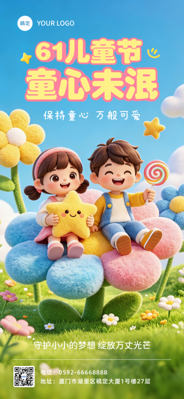 节日祝福六一儿童节软3D风通用去哦三百海报预览效果