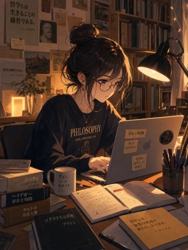 年轻的哲学女大学生，戴着眼镜，坐在书桌前的电脑前专注地赶写稿子，桌面上散落着书籍和笔记本，房间里充满温馨的学术氛围，暖黄色灯光，日系二次元插画风格，非真人预览效果