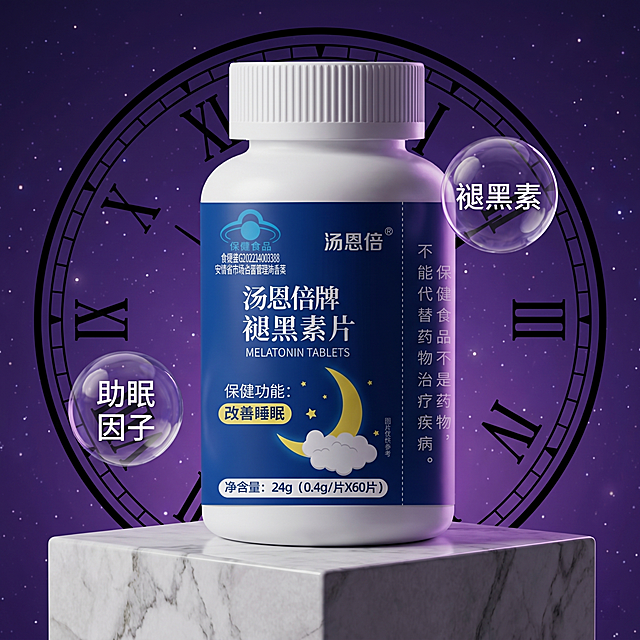 褪黑素片，严格参照上传产品图 https://gdesign-dam-hz.dancf.com/36607540060475447/9bf7a6cc61e94bc387b0f94c275bb7f6.png，完整保留所有可见组件、部件、轮廓形状、结构、比例、材质质感、颜色与产品本体上的文字信息，与上传图完全一致。
电商产品展示场景，深紫渐变星空背景，深紫深邃色调。
褪黑素片产品放置在白色大理石斜台展示，搭配球状成分元素与罗马时钟背景元素，侧逆光，产品受光面泛起深紫色光晕，暗部映射浅紫色光晕，与环境物理融合。
产品居中特写构图，自然立体静态展示，微侧15°视角。
全量换款清单：①承载台：参考图白色大理石斜台 → 生成图保留白色大理石斜台，更换自然大理石纹理；②背景罗马时钟：参考图浅线罗马时钟 → 生成图换暗线同比例罗马时钟；③成分球：参考图两个透明成分球 → 生成图换两个新造型透明成分球，分别标注褪黑素和助眠因子；④背景色调：参考图紫色渐变背景 → 生成图保留深紫渐变星空质感，微调光影层次。
消除额外营销文字，仅保留产品本体文字。严格锁定宽高比为 1:1，4K 分辨率。
