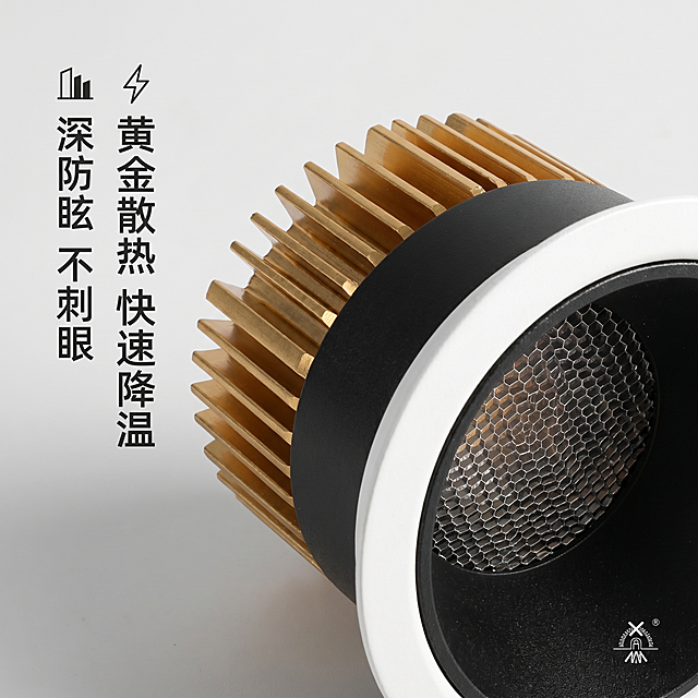 [主图-2] 射灯散热结构细节特写图
[氛围风格] 专业细节展示，品质感
[画质] 商业摄影质感、光线柔和通透、产品清晰真实、画面干净高级，4K超高清
[元素] 保持射灯产品外观结构，金色散热片纹理清晰展示，保持产品物理结构、材质质感、颜色与输入产品图绝对一致，杜绝任何变形和色差，精细化处理。特写展示射灯背部散热结构，主体占比80%，浅灰色简约背景，画面满屏无边框
[光影] 侧光突出金属纹理层次感，高光勾勒轮廓，暗部细节保留，整体通透清晰
[配色] 浅灰背景衬托黑金产品本色
[视角构图] 特写平视，中心构图
[文字版式] 左侧竖向排列卖点文字，大字图标+卖点："⚡ 黄金散热 快速降温", "🏙️ 深防眩 不刺眼", 字色黑色，清晰不遮挡核心细节
[比例分辨率] 1:1 比例，分辨率4K
[水印] 右下角添加品牌水印，保持清晰不突兀
[负向提示词] 变形，文字错乱，产品模糊，背景杂乱