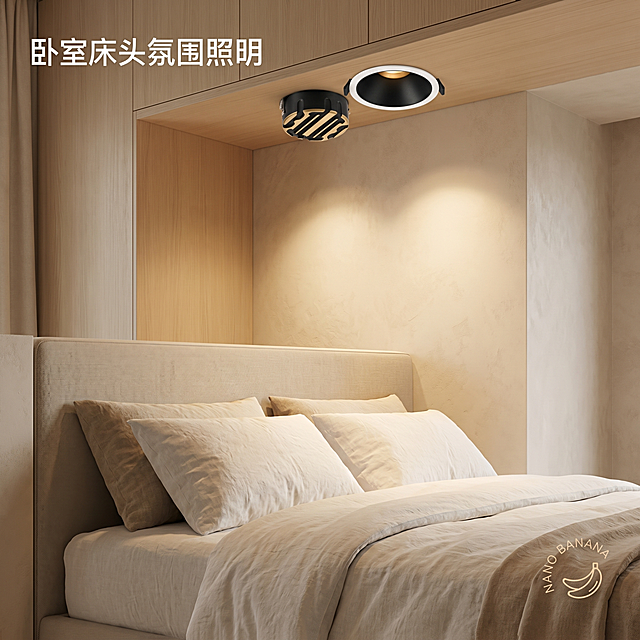 [主图-9] 卧室床头安装展示图
[氛围风格] 温馨舒适卧室氛围
[画质] 商业摄影质感、光线柔和通透、产品清晰真实、画面干净高级，4K超高清
[元素] 保持射灯产品外观结构和颜色与原图一致，展示射灯安装在卧室床头背景墙吊顶，向下照亮床头装饰，空间简约现代卧室装修，浅暖色调，产品自然融入，保持产品不变形无色差
[光影] 射灯暖光营造温馨睡前氛围，光影柔和不刺眼
[配色] 暖浅卧室色调，突出产品本身
[文字版式] 左上角标注"卧室床头氛围照明"
[比例分辨率] 1:1 比例，分辨率4K
[水印] 右下角添加品牌水印，保持清晰不突兀
[负向提示词] 变形，文字错乱，产品模糊，背景杂乱