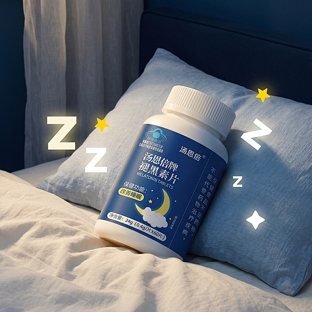 褪黑素片保健品，严格参照上传产品图，完整保留所有可见组件、部件、轮廓形状、结构、比例、材质质感、颜色与产品本体上的文字信息（logo/型号/规格/参数等），与上传图完全一致。
卧室床上场景，深蓝色+奶白+暖黄的助眠氛围色调，核心色调与参考图保持一致。
产品放置在褶皱床品上，还原参考图侧逆光，产品受光面泛起奶白暖色、暗部映射深蓝色光晕，与环境物理融合。
产品位于画面偏下位置，特写构图。
微俯视角偏转20°，相对于参考图调整视角。
全量换款清单：①承载面：参考图浅色褶皱棉床品+浅灰抱枕 → 生成图米白色褶皱棉床品+浅蓝色亚麻抱枕（同为布艺，换颜色纹理）；②背景：参考图深蓝色墙面+浅色窗沿白纱 → 生成图藏蓝色床头背景+半透浅灰纱帘（同为墙面+窗纱，换款式）；③装饰元素：参考图大小Z字母+黄色星星 → 生成图大小Z字母和浅黄星星元素（保留元素类型换细节位置）。
消除参考图原有品牌文字。4K分辨率，严格锁定宽高比为1:1。