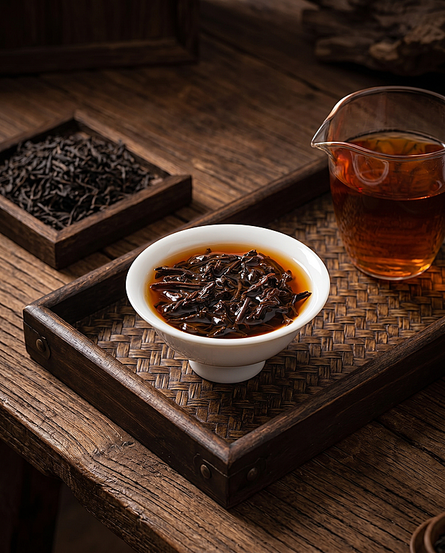 普洱茶，严格参照上传产品图，完整保留所有可见组件、部件、轮廓形状、结构、比例、材质质感、颜色与上传图完全一致。
中式茶室桌面茶景，深棕暗调木质暖色调，整体偏暗调。
特写中心构图，俯拍视角，顶侧45度柔和自然光，产品受光面泛起深棕暖光，暗部映射深木色光晕，与环境物理融合。
全量换款清单：①承载托盘：参考图浅色竹托盘→生成图深色胡桃木编织托盘（同木质编织，浅竹换深色胡桃）；②背景桌面：参考图浅色桌面→生成图深棕做旧实木桌面；③散落干茶：参考图右侧散落干茶→生成图左侧方形木碟盛干茶；④配套茶杯：参考图后方两个白瓷杯→生成图右下角一个透明玻璃公道杯盛茶汤，保留组合语境。
消除画面上所有额外品牌文字和水印，严格锁定宽高比为 4:5