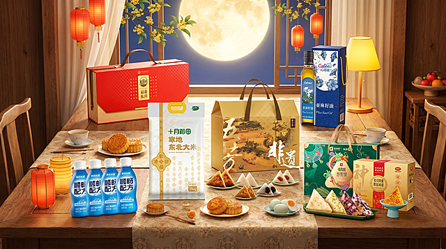 温馨的中秋节家庭餐桌场景，中式轻奢风格，暖色调，充满节日团聚氛围。
主体：以下六款食品包装严格参照对应上传产品图，完整保留所有可见组件、轮廓、结构、比例、材质、颜色与产品本体上的所有文字信息，产品样子和文字保持不变，自然融入场景。合理摆放，保持产品之间留有物理空间，不重叠不遮挡，和场景共处同一物理空间。
①左上角：稻香村礼盒；②左中：十月稻田大米袋；③左下角：简爱酸奶组合；④右上角：克莉娜亚麻籽油；⑤右中：五芳斋粽子礼盒；⑥右下角：良品铺子粽子和神丹咸蛋礼盒

构图：全景展示，45度俯拍，合理错落摆放，空间透视自然。
风格：新中式温馨团圆风。
场景：中秋节原木大餐桌上，铺着中式提花餐布，背景点缀中秋圆月、桂花枝和红色灯笼，温馨热闹。
配色/材质：红金/米白/木棕/月白；原木/棉麻/纸质包装；金色红色点缀节日氛围。
光影：主光来自前方窗户的暖金色自然光，搭配桌面暖黄台灯，整体画面温馨明亮，无硬阴影，产品包装清晰有质感。

严格锁定宽高比为 16:9