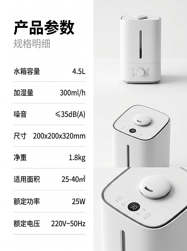 第 1 屏（首屏主 KV）
主文案：米家大容量加湿器
副文案：长效滋润，静音守护
文案设计与排版：主文案居中加粗放大，黑色无衬线字体；副文案在主文案下方，浅灰色纤细字体，整体上下居中对齐
画面主体与构图：画面中心是米家白色超声波加湿器，置于原木风卧室床头柜，背景为柔和浅白渐变，右侧点缀暖光台灯与绿植，水雾从加湿器顶部轻柔弥漫，整体对称构图，干净通透
画质与细节：8K 高清，产品表面哑光质感清晰，水雾柔和有层次，光影均匀，无多余噪点，整体氛围温暖治愈
第 2 屏（痛点共鸣屏）
主文案：秋冬干燥，有多难熬？
副文案：别让干燥偷走舒适感
文案设计与排版：主文案左对齐加粗，黑色字体；副文案在主文案下方，浅灰色字体，整体位于画面左上区域
画面主体与构图：四格拼接场景图，依次为：半夜喉咙干痛喝水、晨起鼻腔干痒、办公室皮肤起皮、宝宝揉鼻子，画面背景为浅灰色，场景统一为暖调居家 / 办公环境，加湿器小图标点缀在右下角
画质与细节：8K 高清，场景真实自然，人物表情自然，色彩柔和，无模糊噪点，整体色调统一
第 3 屏（核心卖点：大容量）
主文案：4L 大容量，长效加湿
副文案：一次加水，滋润整夜
文案设计与排版：主文案居中加粗放大，黑色字体；副文案在主文案下方，浅灰色字体，下方搭配「4L 大容量，单次加湿约 30 小时」的小字说明
画面主体与构图：左侧为加湿器水箱特写，透明水尺标注 4L 刻度；右侧为对比示意图，上方是米家加湿器（标注 30 小时），下方是传统小容量加湿器（标注频繁加水），背景为浅白渐变，整体左右分栏构图
画质与细节：8K 高清，水箱刻度清晰，水雾细腻，对比图标注清晰，光影均匀，产品质感还原到位
第 4 屏（核心卖点：便捷上加水）
主文案：上加水设计，懒人友好
副文案：开盖即加，清洗更方便
文案设计与排版：主文案左对齐加粗，黑色字体；副文案在主文案下方，浅灰色字体，整体位于画面左上区域
画面主体与构图：画面中心是加湿器，顶部开盖，一只手正往水箱中倒水，背景为干净的厨房台面，右侧展示水箱可直接拆卸清洗的细节，整体构图简洁，突出 “便捷” 动作
画质与细节：8K 高清，水流效果自然，水箱结构清晰，产品哑光质感还原，色彩明亮干净
第 5 屏（核心卖点：银离子抗菌）
主文案：银离子抗菌水箱
副文案：洁净水雾，安心呼吸
文案设计与排版：主文案居中加粗，黑色字体；副文案在主文案下方，浅灰色字体，下方搭配抗菌图标与抑制率说明小字
画面主体与构图：左侧为加湿器水箱内部特写，标注银离子抗菌层；右侧为细菌对比示意图，传统水箱 vs 米家水箱的细菌数量对比，背景为浅蓝渐变，整体左右分栏构图
画质与细节：8K 高清，水箱内部结构清晰，对比图标注明确，色彩柔和，突出健康安全的调性
第 6 屏（核心卖点：静音低噪）
主文案：轻音低噪，安睡无忧
副文案：运行噪音＜38dB，夜晚不打扰
文案设计与排版：主文案居中加粗，黑色字体；副文案在主文案下方，浅灰色字体，下方搭配分贝仪示意图
画面主体与构图：加湿器置于卧室床头，背景为昏暗暖光的睡眠场景，分贝仪悬浮在加湿器旁，显示 38dB 数值，整体构图静谧柔和，突出 “安睡” 氛围
画质与细节：8K 高清，场景光影自然，加湿器质感清晰，水雾轻柔，整体氛围静谧舒适
第 7 屏（核心卖点：大雾量）
主文案：300mL/h 大雾量
副文案：全屋均匀加湿
文案设计与排版：主文案左对齐加粗，黑色字体；副文案在主文案下方，浅灰色字体，下方标注适用面积 11-20㎡小字
画面主体与构图：加湿器置于客厅场景，360° 环绕水雾弥漫整个空间，背景为简约原木风客厅，右侧标注加湿量与适用面积参数，整体构图开阔，突出 “全屋加湿” 效果
画质与细节：8K 高清，水雾效果细腻自然，场景真实明亮，产品质感清晰，无模糊噪点
第 8 屏（核心卖点：安全防干烧）
主文案：双重防干烧保护
副文案：用着更安心
文案设计与排版：主文案居中加粗，黑色字体；副文案在主文案下方，浅灰色字体，下方搭配安全认证小图标
画面主体与构图：加湿器底部防干烧传感器特写，搭配缺水自动断电示意图，背景为浅白渐变，整体构图简洁，突出安全细节
画质与细节：8K 高清，传感器细节清晰，示意图标注明确，色彩干净，突出安全可靠的调性
第 9 屏（核心卖点：极简操作）
主文案：简约操作，全家易用
副文案：一键调节雾量，老人也会用
文案设计与排版：主文案左对齐加粗，黑色字体；副文案在主文案下方，浅灰色字体，整体位于画面左上区域
画面主体与构图：加湿器旋钮操作特写，搭配不同雾量档位示意图，背景为干净的桌面场景，整体构图聚焦产品操作区域，突出 “简单易用”
画质与细节：8K 高清，旋钮细节清晰，档位标注明确，产品哑光质感还原，色彩明亮干净
第 10 屏（产品参数屏）
主文案：产品参数
副文案：规格明细
文案设计与排版：主文案居中加粗，黑色字体；副文案在主文案下方，浅灰色字体，下方为清晰的参数表格，字体纤细易读
画面主体与构图：画面右侧为加湿器多角度实拍图，左侧为参数表格，包含水箱容量、加湿量、噪音、尺寸、净重、适用面积等核心指标，背景为浅白渐变，整体左右分栏构图
画质与细节：8K 高清，产品多角度实拍清晰，表格排版整齐，文字清晰易读，整体风格简约统一