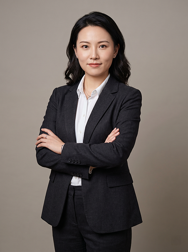 生成一张逼真的AI女士职场形象照，32岁中国女性，标准焦段50mm,f/4光圈(f/2.8-f/4区间),平视视角(镜头与人物视线齐平);人物占画面70%,人物居中(居中构图),位于画面中心,为视觉聚焦点,入境范围头部及以下至臀部下方10cm(半身像);左右留少量背景空间;头部与画面顶部保留5%空间;头部发型完整,头肩比例协调,人物结构准确;发质微微柔顺，微微蓬松。身穿深灰色精纺羊毛混纺西装外套,(平驳领设计,面料呈细腻微微哑光质感);内搭白色高支精梳棉衬衫;下装深灰色精纺羊毛混纺西装裤;着装正式干练;逻辑清晰、创新务实、年轻干练、沉稳高效。身形匀称,姿态端正,身体挺拔。呈站姿，双手抱胸，肢体放松且自信;佩戴精致配饰。简约微微暖调中性灰纯色背景(呈现均匀柔和质感),背景光线均匀柔和,强化色彩对比的高级感,极简干净。画质超高分辨率、细节清晰,现代精致感风格;肤质精细化处理;眼神直视镜头,目光坚定且澄澈,表情自然。嘴角上扬;清透自然裸妆(轻薄底妆+淡唇妆)妆感轻薄轻透裸肌感,通透感肤质,肤质自然细腻,肤色健康均匀,雾面柔光裸肌感,保留真实皮肤细节。正面柔光补光,4800K中性光,面部光比1:1.5,色调明亮。中近景写实摄影,对焦清晰,高清保留皮肤细节。杰作,最佳画质,超高细节,写实摄影,皮肤质感自然清晰,柔光,正面补光,画面干净清新,高清皮肤细节;分辨率4K,去除人物之外的所有元素。严格按照内容生成。画面比例3:4