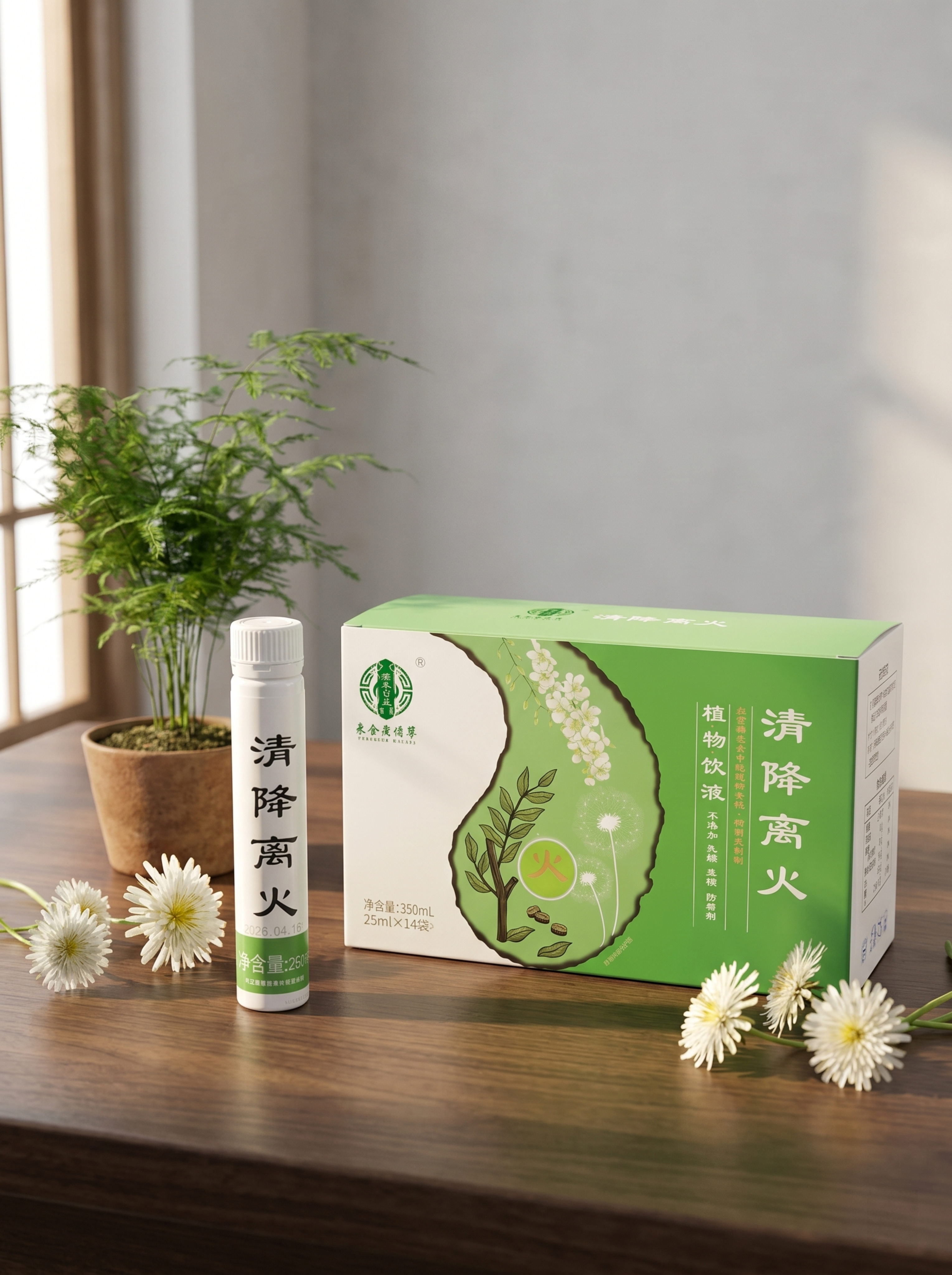 超写实商业产品摄影。 主体：植物饮品包装盒和瓶装饮品严格参照上… - 图片创意预览