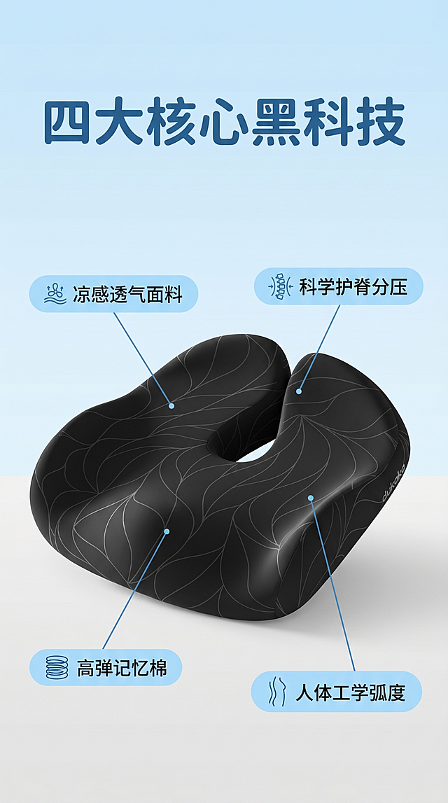 [核心卖点汇总屏] 产品居中展示，四周搭配天蓝色简约功能小标签，顶部醒目标题大字："四大核心黑科技"，四个卖点标签分别标注：凉感透气面料、高弹记忆棉、科学护脊分压、人体工学弧度，抖音电商爆款卖点集合版式，保持产品外观（物理结构、材质质感、颜色花纹）与输入产品图绝对一致，杜绝任何变形和色差，精细化处理，整体统一风格，高清实拍质感，简约清爽浅灰浅蓝主配色，自然光柔和实景，画面干净高级，字体圆润无衬线粗体，排版大气留白充足，商用电商详情页标准版式，细节清晰，光影自然，无多余杂物，电商抖音详情页专用，无水印，构图工整，字体醒目清晰，大众审美带货风格，色彩明亮治愈，实物写实风，拒绝卡通手绘，日用家居好物详情版式