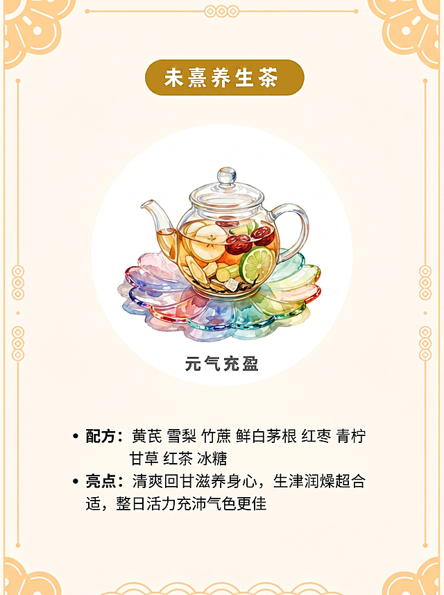 养生茶饮，透明玻璃茶壶泡好包含黄芪雪梨竹蔗鲜白茅根红枣青柠甘草红茶的养生茶，所有食材都放在茶壶茶汤内部，壶外面干干净净，不要摆放任何食材配料，自然融入场景光影，与场景共处同一物理空间。
手绘水彩养生茶饮宣传海报，暖米色调，保留参考图整体结构布局，中心圆形区域展示茶壶，上下放置文字标题与说明，保留边框装饰元素，居中构图。
漫射正面光，产品受光面泛起暖米暖色、暗部映射浅棕光晕，与环境物理融合。相似度50%，保持结构骨架，仅保留调整后的内容。
全量换款清单：①边框装饰：保持浅米色中式传统花纹；②标题栏：深棕色圆角矩形标题，文字为"未熹养生茶"；③中心产品：仅保留干净的透明玻璃茶壶，茶壶内部茶汤中包含所有配方食材，茶壶放置在彩色花形玻璃托盘上，壶外面周围没有任何散落食材配料；④副标题：原位置写"元气充盈"；⑤底部文字：上方保留配方：黄芪 雪梨 竹蔗 鲜白茅根 红枣 青柠 甘草 红茶 冰糖，下方亮点：清爽回甘滋养身心，生津润燥超合适，整日活力充沛气色更佳；完全删除最底部任何落款文字；⑥整体风格：保留水彩手绘风格，整体配色保持暖浅色调。
消除产品本体之外多余的水印、排版角标，删除所有多余落款文字和壶外食材。4K分辨率，严格锁定宽高比为 3:4。
