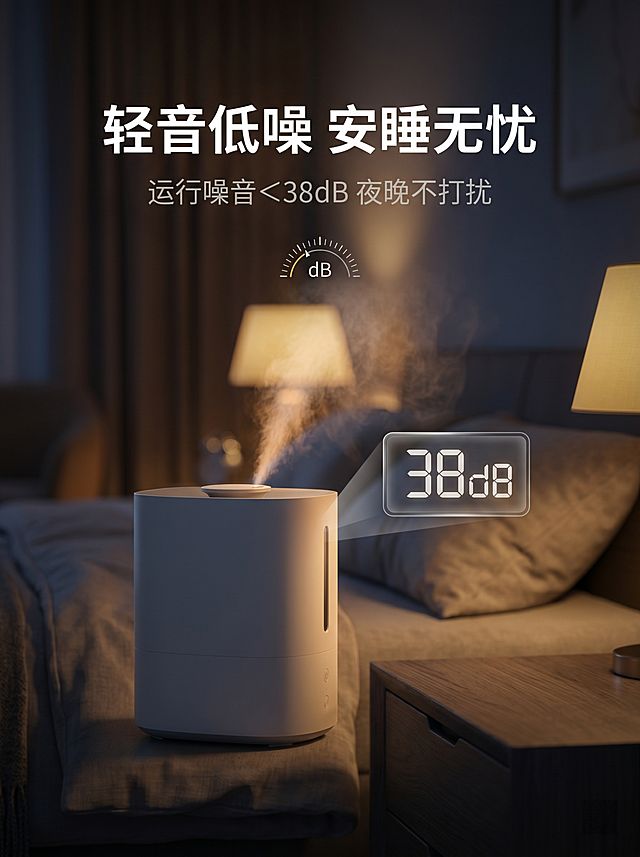 第 1 屏（首屏主 KV）
主文案：米家大容量加湿器
副文案：长效滋润，静音守护
文案设计与排版：主文案居中加粗放大，黑色无衬线字体；副文案在主文案下方，浅灰色纤细字体，整体上下居中对齐
画面主体与构图：画面中心是米家白色超声波加湿器，置于原木风卧室床头柜，背景为柔和浅白渐变，右侧点缀暖光台灯与绿植，水雾从加湿器顶部轻柔弥漫，整体对称构图，干净通透
画质与细节：8K 高清，产品表面哑光质感清晰，水雾柔和有层次，光影均匀，无多余噪点，整体氛围温暖治愈
第 2 屏（痛点共鸣屏）
主文案：秋冬干燥，有多难熬？
副文案：别让干燥偷走舒适感
文案设计与排版：主文案左对齐加粗，黑色字体；副文案在主文案下方，浅灰色字体，整体位于画面左上区域
画面主体与构图：四格拼接场景图，依次为：半夜喉咙干痛喝水、晨起鼻腔干痒、办公室皮肤起皮、宝宝揉鼻子，画面背景为浅灰色，场景统一为暖调居家 / 办公环境，加湿器小图标点缀在右下角
画质与细节：8K 高清，场景真实自然，人物表情自然，色彩柔和，无模糊噪点，整体色调统一
第 3 屏（核心卖点：大容量）
主文案：4L 大容量，长效加湿
副文案：一次加水，滋润整夜
文案设计与排版：主文案居中加粗放大，黑色字体；副文案在主文案下方，浅灰色字体，下方搭配「4L 大容量，单次加湿约 30 小时」的小字说明
画面主体与构图：左侧为加湿器水箱特写，透明水尺标注 4L 刻度；右侧为对比示意图，上方是米家加湿器（标注 30 小时），下方是传统小容量加湿器（标注频繁加水），背景为浅白渐变，整体左右分栏构图
画质与细节：8K 高清，水箱刻度清晰，水雾细腻，对比图标注清晰，光影均匀，产品质感还原到位
第 4 屏（核心卖点：便捷上加水）
主文案：上加水设计，懒人友好
副文案：开盖即加，清洗更方便
文案设计与排版：主文案左对齐加粗，黑色字体；副文案在主文案下方，浅灰色字体，整体位于画面左上区域
画面主体与构图：画面中心是加湿器，顶部开盖，一只手正往水箱中倒水，背景为干净的厨房台面，右侧展示水箱可直接拆卸清洗的细节，整体构图简洁，突出 “便捷” 动作
画质与细节：8K 高清，水流效果自然，水箱结构清晰，产品哑光质感还原，色彩明亮干净
第 5 屏（核心卖点：银离子抗菌）
主文案：银离子抗菌水箱
副文案：洁净水雾，安心呼吸
文案设计与排版：主文案居中加粗，黑色字体；副文案在主文案下方，浅灰色字体，下方搭配抗菌图标与抑制率说明小字
画面主体与构图：左侧为加湿器水箱内部特写，标注银离子抗菌层；右侧为细菌对比示意图，传统水箱 vs 米家水箱的细菌数量对比，背景为浅蓝渐变，整体左右分栏构图
画质与细节：8K 高清，水箱内部结构清晰，对比图标注明确，色彩柔和，突出健康安全的调性
第 6 屏（核心卖点：静音低噪）
主文案：轻音低噪，安睡无忧
副文案：运行噪音＜38dB，夜晚不打扰
文案设计与排版：主文案居中加粗，黑色字体；副文案在主文案下方，浅灰色字体，下方搭配分贝仪示意图
画面主体与构图：加湿器置于卧室床头，背景为昏暗暖光的睡眠场景，分贝仪悬浮在加湿器旁，显示 38dB 数值，整体构图静谧柔和，突出 “安睡” 氛围
画质与细节：8K 高清，场景光影自然，加湿器质感清晰，水雾轻柔，整体氛围静谧舒适
第 7 屏（核心卖点：大雾量）
主文案：300mL/h 大雾量
副文案：全屋均匀加湿
文案设计与排版：主文案左对齐加粗，黑色字体；副文案在主文案下方，浅灰色字体，下方标注适用面积 11-20㎡小字
画面主体与构图：加湿器置于客厅场景，360° 环绕水雾弥漫整个空间，背景为简约原木风客厅，右侧标注加湿量与适用面积参数，整体构图开阔，突出 “全屋加湿” 效果
画质与细节：8K 高清，水雾效果细腻自然，场景真实明亮，产品质感清晰，无模糊噪点
第 8 屏（核心卖点：安全防干烧）
主文案：双重防干烧保护
副文案：用着更安心
文案设计与排版：主文案居中加粗，黑色字体；副文案在主文案下方，浅灰色字体，下方搭配安全认证小图标
画面主体与构图：加湿器底部防干烧传感器特写，搭配缺水自动断电示意图，背景为浅白渐变，整体构图简洁，突出安全细节
画质与细节：8K 高清，传感器细节清晰，示意图标注明确，色彩干净，突出安全可靠的调性
第 9 屏（核心卖点：极简操作）
主文案：简约操作，全家易用
副文案：一键调节雾量，老人也会用
文案设计与排版：主文案左对齐加粗，黑色字体；副文案在主文案下方，浅灰色字体，整体位于画面左上区域
画面主体与构图：加湿器旋钮操作特写，搭配不同雾量档位示意图，背景为干净的桌面场景，整体构图聚焦产品操作区域，突出 “简单易用”
画质与细节：8K 高清，旋钮细节清晰，档位标注明确，产品哑光质感还原，色彩明亮干净
第 10 屏（产品参数屏）
主文案：产品参数
副文案：规格明细
文案设计与排版：主文案居中加粗，黑色字体；副文案在主文案下方，浅灰色字体，下方为清晰的参数表格，字体纤细易读
画面主体与构图：画面右侧为加湿器多角度实拍图，左侧为参数表格，包含水箱容量、加湿量、噪音、尺寸、净重、适用面积等核心指标，背景为浅白渐变，整体左右分栏构图
画质与细节：8K 高清，产品多角度实拍清晰，表格排版整齐，文字清晰易读，整体风格简约统一