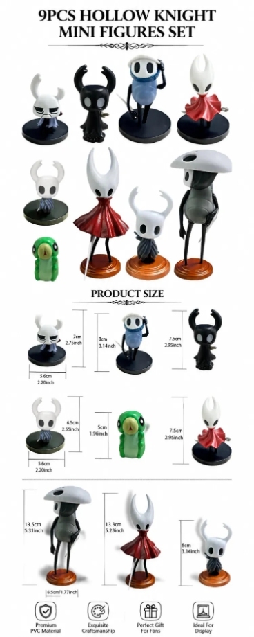 English e-commerce detail long image of 9 Hollow Knight mini figures, combine all 3 reference images预览效果