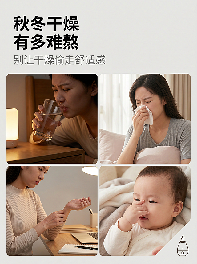 第 1 屏（首屏主 KV）
主文案：米家大容量加湿器
副文案：长效滋润，静音守护
文案设计与排版：主文案居中加粗放大，黑色无衬线字体；副文案在主文案下方，浅灰色纤细字体，整体上下居中对齐
画面主体与构图：画面中心是米家白色超声波加湿器，置于原木风卧室床头柜，背景为柔和浅白渐变，右侧点缀暖光台灯与绿植，水雾从加湿器顶部轻柔弥漫，整体对称构图，干净通透
画质与细节：8K 高清，产品表面哑光质感清晰，水雾柔和有层次，光影均匀，无多余噪点，整体氛围温暖治愈
第 2 屏（痛点共鸣屏）
主文案：秋冬干燥，有多难熬？
副文案：别让干燥偷走舒适感
文案设计与排版：主文案左对齐加粗，黑色字体；副文案在主文案下方，浅灰色字体，整体位于画面左上区域
画面主体与构图：四格拼接场景图，依次为：半夜喉咙干痛喝水、晨起鼻腔干痒、办公室皮肤起皮、宝宝揉鼻子，画面背景为浅灰色，场景统一为暖调居家 / 办公环境，加湿器小图标点缀在右下角
画质与细节：8K 高清，场景真实自然，人物表情自然，色彩柔和，无模糊噪点，整体色调统一
第 3 屏（核心卖点：大容量）
主文案：4L 大容量，长效加湿
副文案：一次加水，滋润整夜
文案设计与排版：主文案居中加粗放大，黑色字体；副文案在主文案下方，浅灰色字体，下方搭配「4L 大容量，单次加湿约 30 小时」的小字说明
画面主体与构图：左侧为加湿器水箱特写，透明水尺标注 4L 刻度；右侧为对比示意图，上方是米家加湿器（标注 30 小时），下方是传统小容量加湿器（标注频繁加水），背景为浅白渐变，整体左右分栏构图
画质与细节：8K 高清，水箱刻度清晰，水雾细腻，对比图标注清晰，光影均匀，产品质感还原到位
第 4 屏（核心卖点：便捷上加水）
主文案：上加水设计，懒人友好
副文案：开盖即加，清洗更方便
文案设计与排版：主文案左对齐加粗，黑色字体；副文案在主文案下方，浅灰色字体，整体位于画面左上区域
画面主体与构图：画面中心是加湿器，顶部开盖，一只手正往水箱中倒水，背景为干净的厨房台面，右侧展示水箱可直接拆卸清洗的细节，整体构图简洁，突出 “便捷” 动作
画质与细节：8K 高清，水流效果自然，水箱结构清晰，产品哑光质感还原，色彩明亮干净
第 5 屏（核心卖点：银离子抗菌）
主文案：银离子抗菌水箱
副文案：洁净水雾，安心呼吸
文案设计与排版：主文案居中加粗，黑色字体；副文案在主文案下方，浅灰色字体，下方搭配抗菌图标与抑制率说明小字
画面主体与构图：左侧为加湿器水箱内部特写，标注银离子抗菌层；右侧为细菌对比示意图，传统水箱 vs 米家水箱的细菌数量对比，背景为浅蓝渐变，整体左右分栏构图
画质与细节：8K 高清，水箱内部结构清晰，对比图标注明确，色彩柔和，突出健康安全的调性
第 6 屏（核心卖点：静音低噪）
主文案：轻音低噪，安睡无忧
副文案：运行噪音＜38dB，夜晚不打扰
文案设计与排版：主文案居中加粗，黑色字体；副文案在主文案下方，浅灰色字体，下方搭配分贝仪示意图
画面主体与构图：加湿器置于卧室床头，背景为昏暗暖光的睡眠场景，分贝仪悬浮在加湿器旁，显示 38dB 数值，整体构图静谧柔和，突出 “安睡” 氛围
画质与细节：8K 高清，场景光影自然，加湿器质感清晰，水雾轻柔，整体氛围静谧舒适
第 7 屏（核心卖点：大雾量）
主文案：300mL/h 大雾量
副文案：全屋均匀加湿
文案设计与排版：主文案左对齐加粗，黑色字体；副文案在主文案下方，浅灰色字体，下方标注适用面积 11-20㎡小字
画面主体与构图：加湿器置于客厅场景，360° 环绕水雾弥漫整个空间，背景为简约原木风客厅，右侧标注加湿量与适用面积参数，整体构图开阔，突出 “全屋加湿” 效果
画质与细节：8K 高清，水雾效果细腻自然，场景真实明亮，产品质感清晰，无模糊噪点
第 8 屏（核心卖点：安全防干烧）
主文案：双重防干烧保护
副文案：用着更安心
文案设计与排版：主文案居中加粗，黑色字体；副文案在主文案下方，浅灰色字体，下方搭配安全认证小图标
画面主体与构图：加湿器底部防干烧传感器特写，搭配缺水自动断电示意图，背景为浅白渐变，整体构图简洁，突出安全细节
画质与细节：8K 高清，传感器细节清晰，示意图标注明确，色彩干净，突出安全可靠的调性
第 9 屏（核心卖点：极简操作）
主文案：简约操作，全家易用
副文案：一键调节雾量，老人也会用
文案设计与排版：主文案左对齐加粗，黑色字体；副文案在主文案下方，浅灰色字体，整体位于画面左上区域
画面主体与构图：加湿器旋钮操作特写，搭配不同雾量档位示意图，背景为干净的桌面场景，整体构图聚焦产品操作区域，突出 “简单易用”
画质与细节：8K 高清，旋钮细节清晰，档位标注明确，产品哑光质感还原，色彩明亮干净
第 10 屏（产品参数屏）
主文案：产品参数
副文案：规格明细
文案设计与排版：主文案居中加粗，黑色字体；副文案在主文案下方，浅灰色字体，下方为清晰的参数表格，字体纤细易读
画面主体与构图：画面右侧为加湿器多角度实拍图，左侧为参数表格，包含水箱容量、加湿量、噪音、尺寸、净重、适用面积等核心指标，背景为浅白渐变，整体左右分栏构图
画质与细节：8K 高清，产品多角度实拍清晰，表格排版整齐，文字清晰易读，整体风格简约统一