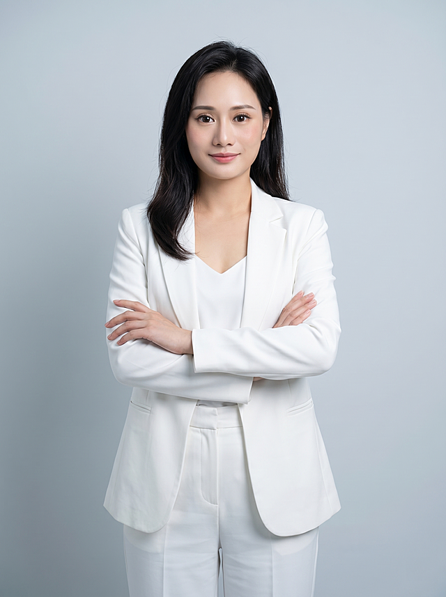 参考图片中人物脸型、发型、年龄等特征生成职场形象照，标准焦段50mm,F/4光圈(处于F/2.8-F/4区间),平视视角(镜头与人物视线齐平);人物占画面70%,人物居中(居中构图),位于画面中心,为视觉聚焦点,入境范围头部及以下至臀部下方10cm(半身像)构图;左右留少量背景空间;头部与画面顶部保留5%空间;头部发型完整,头肩比例协调,人物结构准确;身穿净白色聚酯纤维西装外套，材质细腻挺括兼具柔和垂坠感与适度版型支撑力;内搭同色系V领聚酯纤维内搭;下装白色高腰聚酯纤维西装裤;着装正式干练;正式严谨专业稳重;身形匀称,姿态端正,身体挺拔。呈正面抱胸的自然站立姿态:左臂搭于右臂上方,肩颈自然松弛下沉,姿态自信从容;去除耳环配饰，发梢微微修整,干练大气,主体锐利,背景光线均匀柔和,强化色彩对比的高级感。简约冷调浅灰色纯色背景(呈现均匀柔和质感),极简干净;画质超高分辨率、细节清晰,现代精致感风格;肤质精细化处理;眼神直视镜头,目光坚定且澄澈,表情自然。嘴角微笑;肤质自然细腻,肤色健康均匀,哑光肤质清爽干净,保留真实皮肤细节;杰作,最佳画质,超高细节,写实摄影,中近景人像,皮肤质感自然清晰,柔光,正面补光,画面干净清新,高清皮肤细节;面部光比1:1.5,4800K中性光,微微修饰脸型,肤质哑光细腻,面部雾面柔光,轻透裸肌感,真实毛孔纹理;分辨率4K,严格按照图片内容生成,画面比例3:4