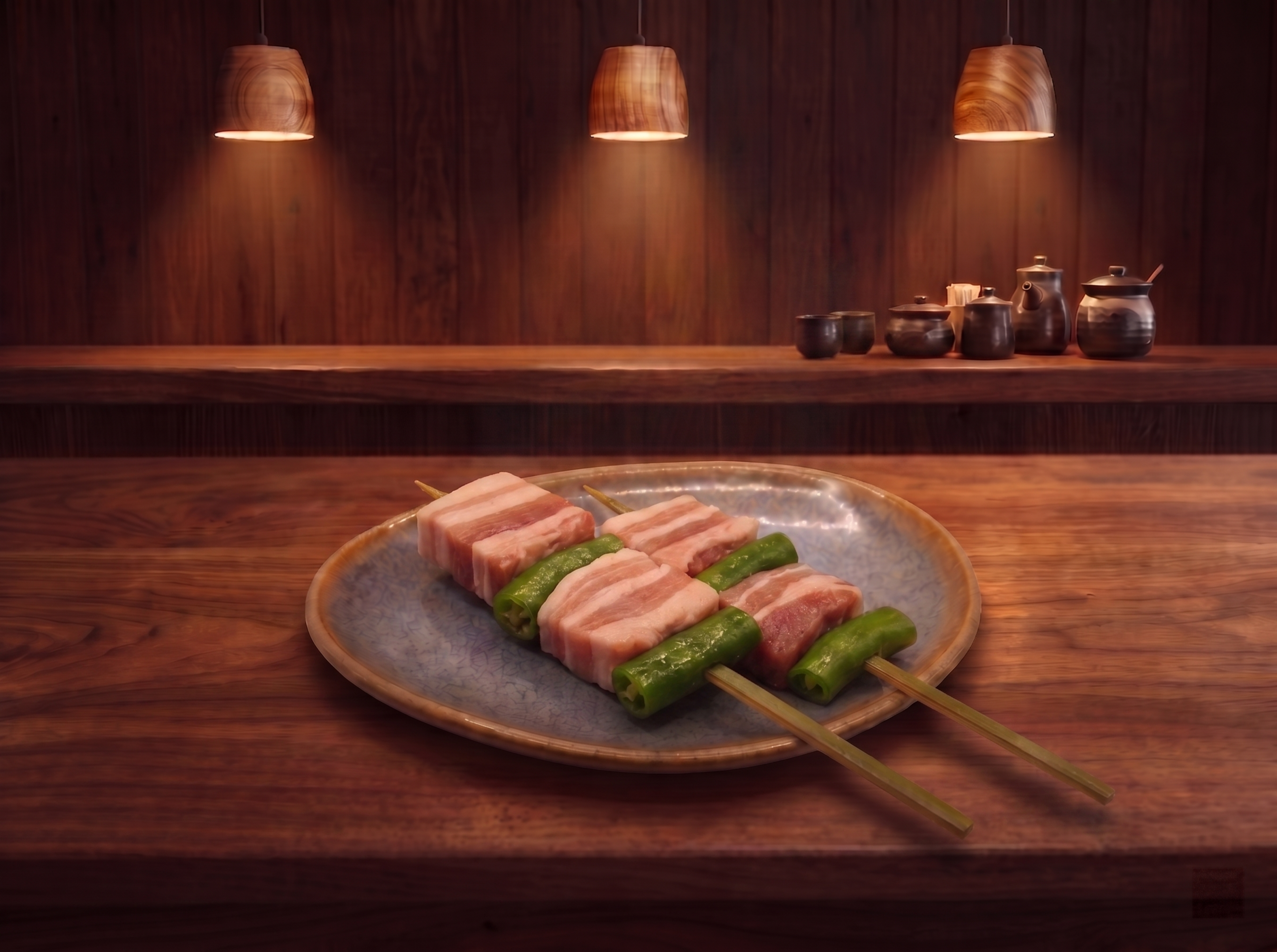 五花肉青椒烤串，严格参照上传产品图image1，完整保留五花肉… - 图片创意预览