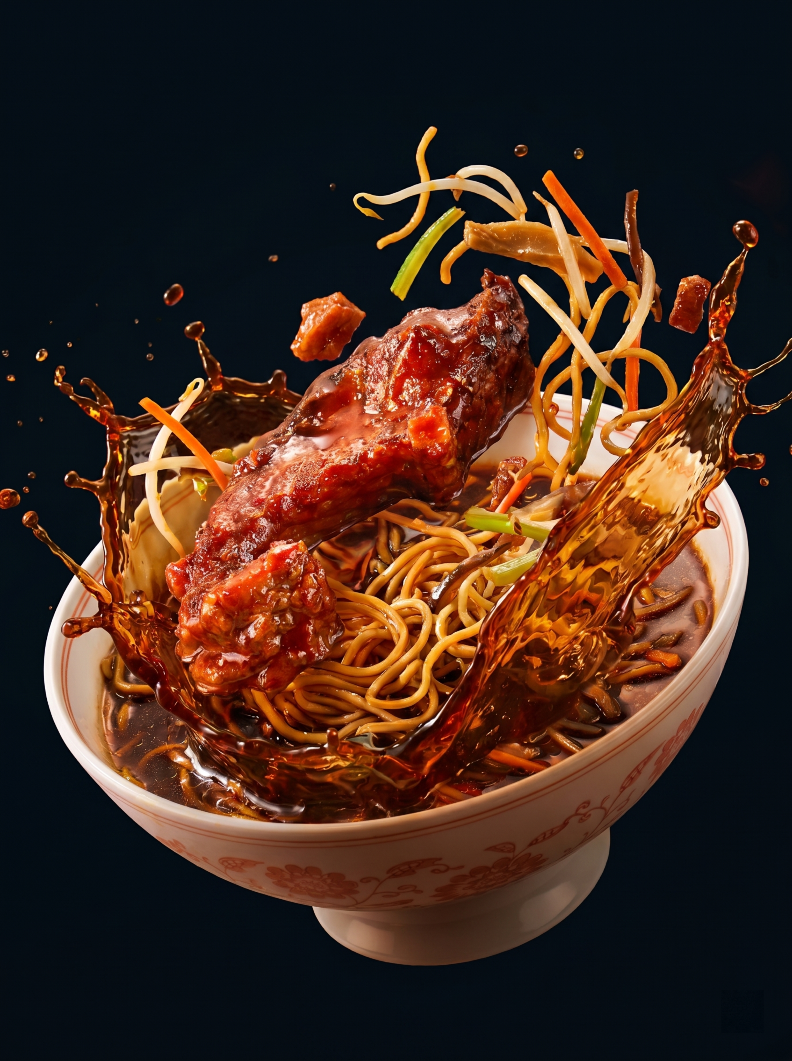 将参考图中的面，生成面条、配菜、汤汁滚动翻飞的场景，深色干净背… - 图片创意预览