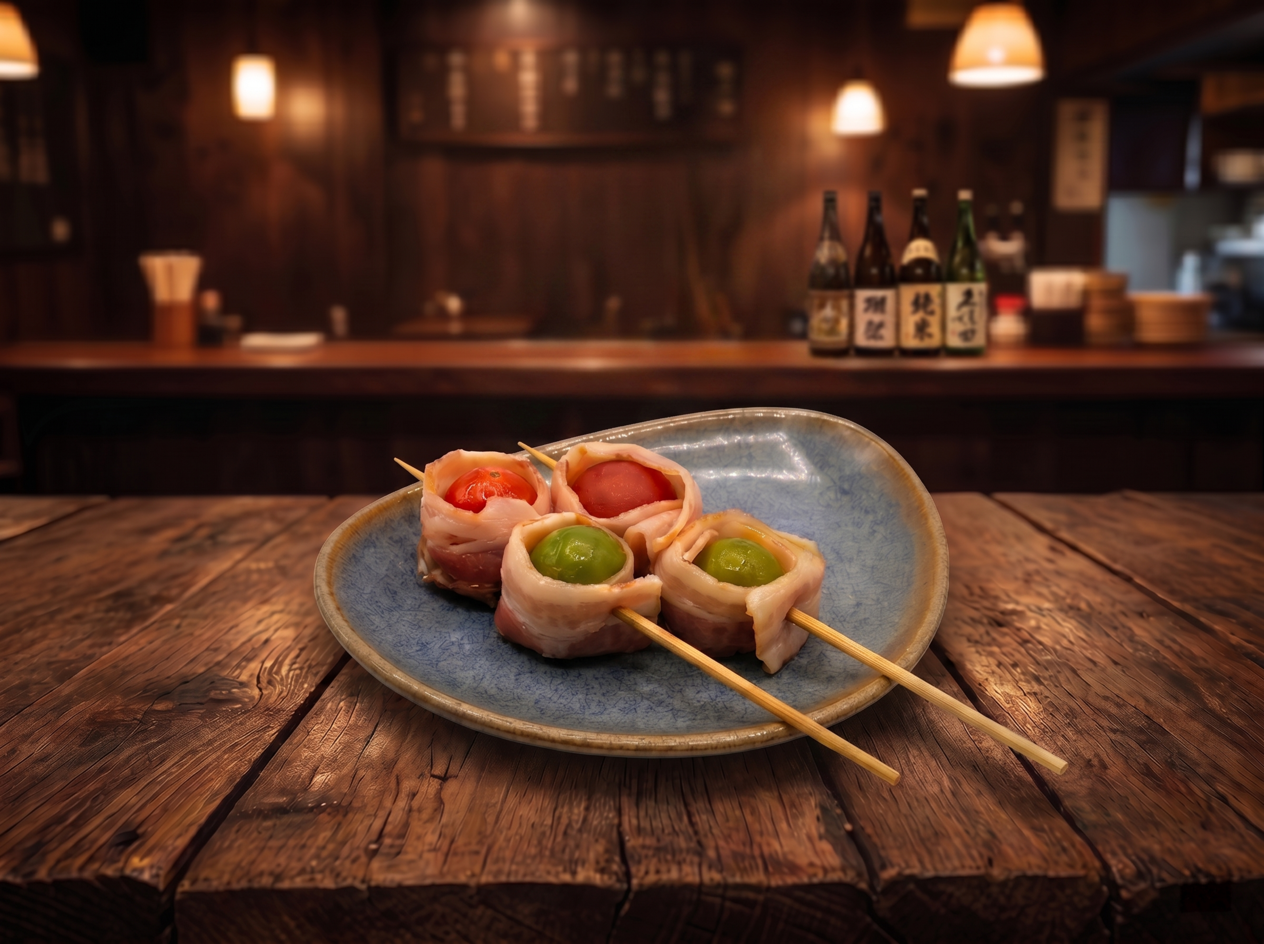 培根卷烤串，严格保留当前图片中所有商品、餐具、背景的样式、位置… - 图片创意预览