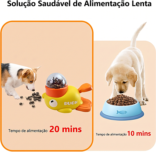 Replace all English text in the image with corresponding Portuguese: top text to "Solução Saudável de Alimentação Lenta", "Feeding time" to "Tempo de alimentação", keep numbers unchanged, use clean legible sans-serif font, do not obscure products or scenes, preserve original layout, images, colors, and e-commerce style, maintain image quality