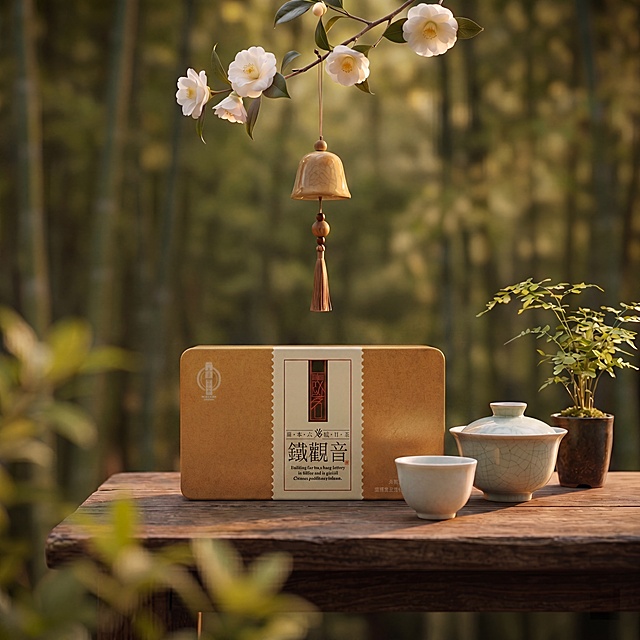 调整铁观音茶叶铁盒为正面正视角展示，保持现有暖调场景、整体构图和所有元素不变，确保产品完整正面呈现，不倾斜，4K分辨率，严格锁定宽高比为1:1