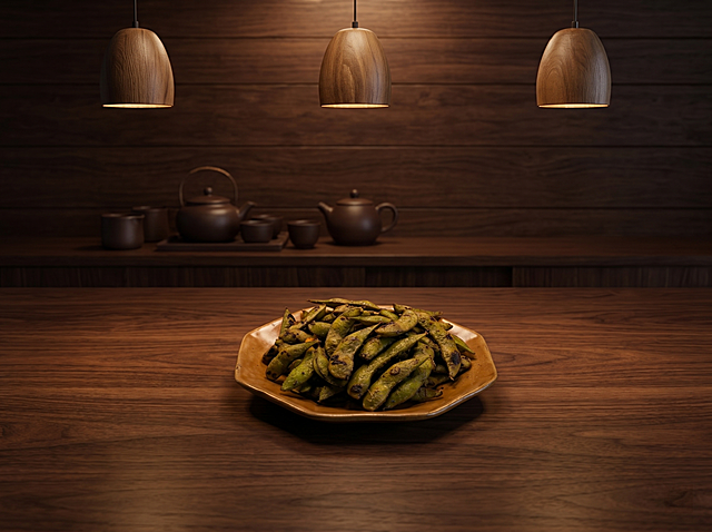 熟毛豆，严格参照上传产品图https://gdesign-dam-hz.dancf.com/36621607968297147/0750bc57106a40f5bb3b1be3314123b4.png，完整保留所有可见组件、轮廓形状、结构、比例、材质质感、颜色与上传图完全一致。
室内餐厅木质桌面，暖棕深木色调。
参考图https://1.png风格相似度50%，还原参考图场景结构和光影氛围，前侧顶光，产品受光面泛起暖棕暖色、暗部映射深木色光晕，与环境物理融合。产品居中放置，中景微俯构图。
全量换款清单：①吊灯：参考图三只条纹玻璃吊灯 → 生成图三只木质纹理吊灯；②背景墙：参考图红棕竖纹木墙 → 生成图深棕横铺木墙；③背景摆件：参考图一排深色茶具 → 生成图一组深棕陶瓷茶具摆件；④承载桌面：参考图浅红棕实木桌面 → 生成图深胡桃实木桌面，保留同样木质纹理质感。
消除品牌文字，保持原图比例不变，4K分辨率，严格锁定宽高比为原图比例。