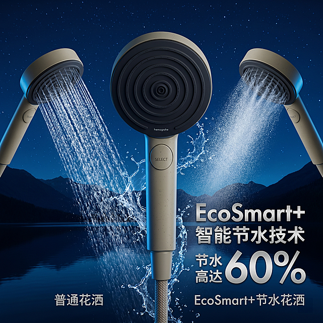 花洒，严格参照上传产品图（https://gdesign-dam-hz.dancf.com/36620601905894497/7df383b91c594d9c9d4d5a7410d9cca6.png），完整保留所有可见组件、部件、轮廓形状、结构、比例、材质质感、颜色与上传图完全一致。按照参考图（https://gdesign-dam-hz.dancf.com/36620598685457518/55c3e9aeb39146d99690c771bdd6048f.png）的风格和布局进行重构，将参考图中原有的三款花洒替换成新花洒，保留参考图的对比展示结构，居中展示新花洒，左右两侧保留出水展示效果。深蓝色星空背景搭配远山水面，深蓝色冷色调。保留参考图的文字文案："EcoSmart+智能节水技术 节水高达60% 普通花洒 EcoSmart+节水花洒"，主光源来自产品前方，产品受光面泛起浅蓝冷色、暗部映射深蓝色光晕，与环境物理融合。居中构图，保留动态出水飞溅效果。微侧15°视角。全量换款清单：①中间主体花洒：参考图黑色圆形花洒 → 生成图卡其色斑点花洒；②左侧花洒：参考图亮银色普通花洒 → 生成图同款卡其色新花洒出水效果；③右侧花洒：参考图亮银色节水花洒 → 生成图同款卡其色新花洒出水效果；④背景：参考图深蓝色星空远山水面 → 保留深蓝色星空远山水面结构，调整纹理细节。消除产品本体外多余文字，保留宣传文案。4K分辨率，严格锁定宽高比为1:1。