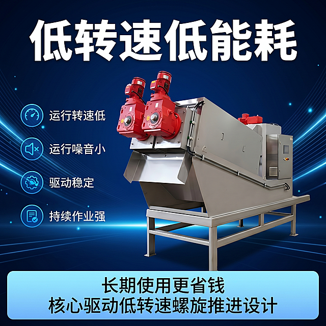 [主图-3] 叠螺式污泥脱水机应用场景技术参数图，风格参考第二张图的深蓝色科技感工业风，相似度50%，保持产品外观（物理结构、材质质感、颜色）与输入产品图绝对一致，杜绝任何变形和色差，精细化处理。整体采用满版上下结构，顶部大字标题，中部主体设备，底部参数卖点。背景使用深蓝色到黑色的渐变，添加浅蓝色光线条纹点缀。顶部大标题写"低转速低能耗"白色粗体。叠螺式污泥脱水机主体放在画面中部偏右，左侧竖向排列核心技术参数：运行转速低、运行噪音小、驱动稳定、持续作业强，每个参数带浅蓝色图标装饰。底部通栏浅蓝色渐变蒙层写卖点文案"长期使用更省钱
核心驱动低转速螺旋推进设计"白色文字。商品主体占比合理，画面满屏无边框。[画质]商业摄影质感，4K超高清，产品清晰真实，画面干净高级。[光影]正面主光源打亮设备，边缘高光清晰，明暗对比专业硬朗。[配色]主色调深蓝+黑色，辅助色浅蓝高光和白色文字，保持产品原有金属银红配色。[视角构图]平视，主体完整居中，左右分栏层次分明。[文字版式]参数左对齐，对比清晰，不遮挡产品主体。[比例分辨率] 1:1比例，4K分辨率，文字清晰可辨，超高清。[负向提示词]变形，水印，文字错乱，产品图模糊，背景杂乱，遮挡产品主体