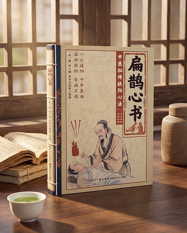 商业级产品摄影。
主体：书籍严格参照上传产品图，完整保留所有组件、轮廓、结构、比例、材质、颜色与产品本体上的文字信息，完整不裁切，产品占画面60%~70%，作为绝对视觉焦点放置在画面最前景。
构图：居中构图，微侧30°平视视角，视线与产品齐平。
风格：复古雅致。
场景概念：中医馆木质书桌，午后安静的阅读时刻。
承载与空间：①胡桃木实木书桌台面，深棕色，清晰木纹纹理；②背景做旧中式木格窗，浅木色，柔焦虚化。
陪衬物：①书籍左侧，一叠打开的线装中医典籍，深棕纸页，泛黄毛边；②书籍右后方，一只粗陶茶叶罐，哑光陶土色；③左前方，一只白瓷小茶杯，盛着半杯清茶，米白釉面。
配色：主色调60%胡桃棕，辅助色25%陶土棕，点缀色15%米白；画面实际颜色4种：胡桃棕 / 陶土棕 / 米白 / 浅木色
材质：实际材质4种：实木 / 粗陶 / 白瓷 / 纸张
光影：主光从左侧木格窗斜入45°，照亮书籍封面；辅光为桌面暖黄环境反射，柔和过渡，书籍边缘有柔和轮廓光；纸张哑光，木材质感温润自然。
参数：4K写实光追。严格锁定宽高比为 4:5