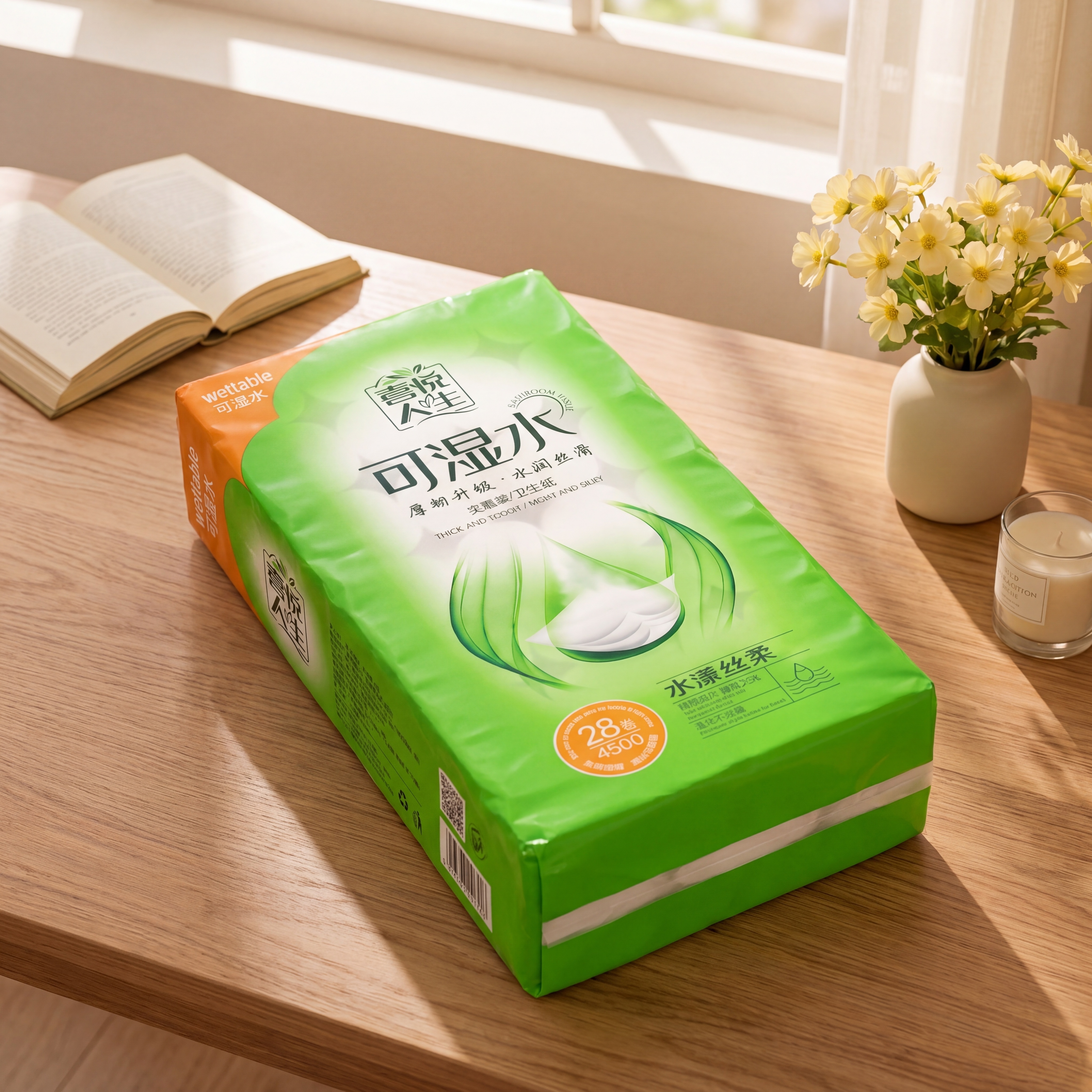 商业级产品摄影。 主体：卫生纸包装严格参照上传产品图，完整保留… - 图片创意预览