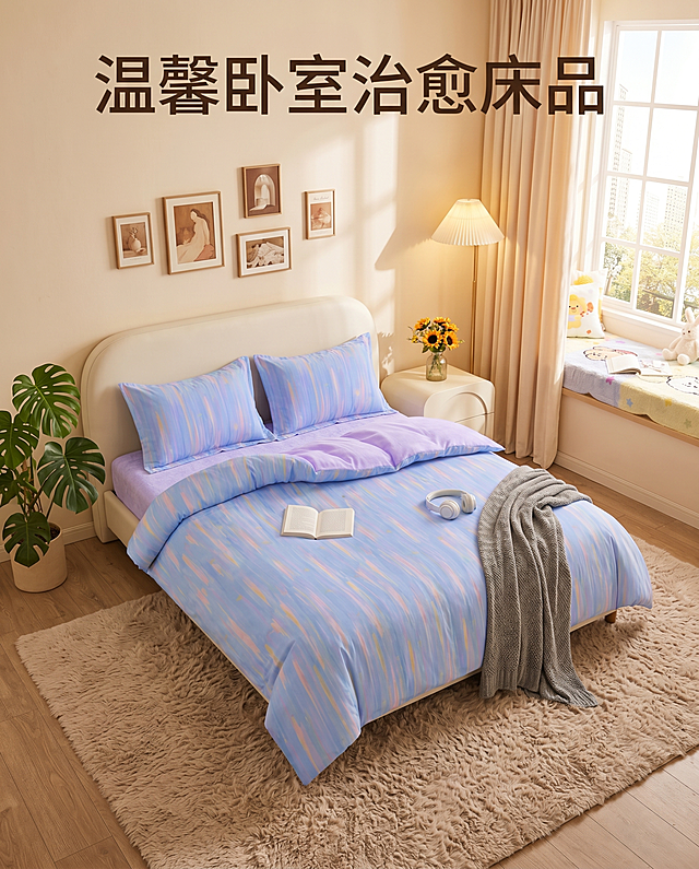 超写实电商主图摄影。
主体：四件套严格参照上传产品图，完整保留所有可见组件、部件、轮廓、结构、比例、材质、颜色与产品本体上的图案信息，与上传图完全一致；只更换背景，不改变床上四件套本体。在图片上方添加正楷字体文字"温馨卧室治愈床品"。
呈现模式：A 整体展示
构图与使用状态：45°俯拍，四件套完整铺陈整张床，被+枕+床单三件齐。
风格：奶油治愈风。
场景概念：冬日周末温馨卧室，治愈休憩场景
承载与空间：①床头墙面，奶杏色哑光乳胶漆；②地面，浅胡桃色实木地板；③床架，奶白色软包靠背床架
家具选型：奶白色弧形床头柜，温柔治愈设计
灯光营造：暖光落地灯加桌面台灯，双重暖光烘托治愈氛围
软装搭配：①床头右侧，奶白色弧形床头柜；②床头柜上，玻璃花瓶插暖黄色向日葵；③地面，奶咖色羊羔绒地毯；④床尾，搭一条灰色针织毛毯；⑤墙面，挂几幅温暖系小尺寸装饰画；⑥窗边，奶杏色绒布窗帘；⑦角落放一盆龟背竹绿植
配色：主色浅灰、炭灰、奶白、浅咖低饱和色系，搭配奶杏莫兰迪配色，和床品色系呼应；主色占65%，辅助色占25%，点缀色占10%
材质：乳胶漆 / 实木 / 玻璃 / 羊羔绒 / 针织，共5种材质
光影：主光侧窗暖调柔光，整体暖黄温馨，突出治愈氛围感
参数：4K 写实。严格锁定宽高比为 4:5