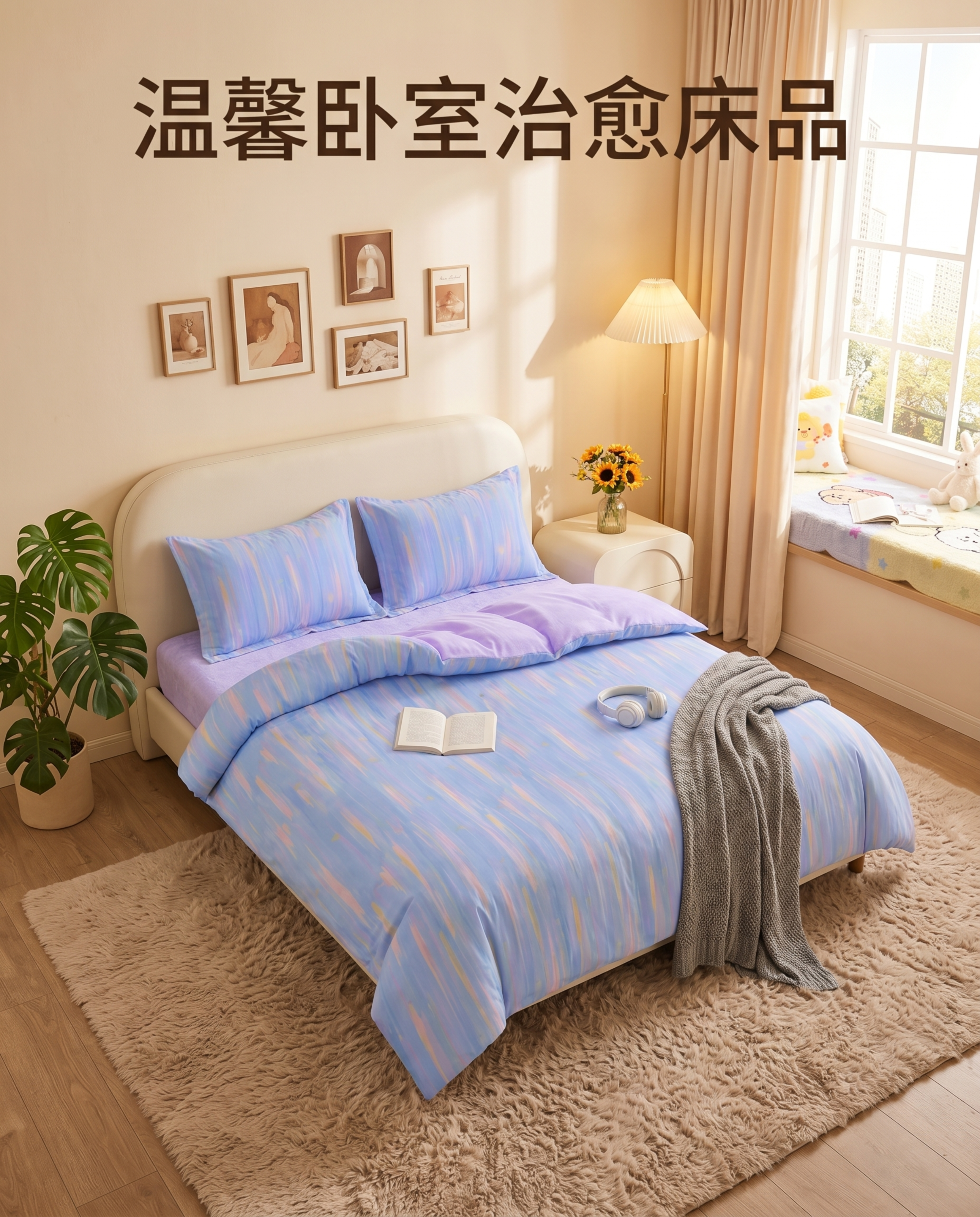 超写实电商主图摄影。 主体：四件套严格参照上传产品图，完整保留… - 图片创意预览