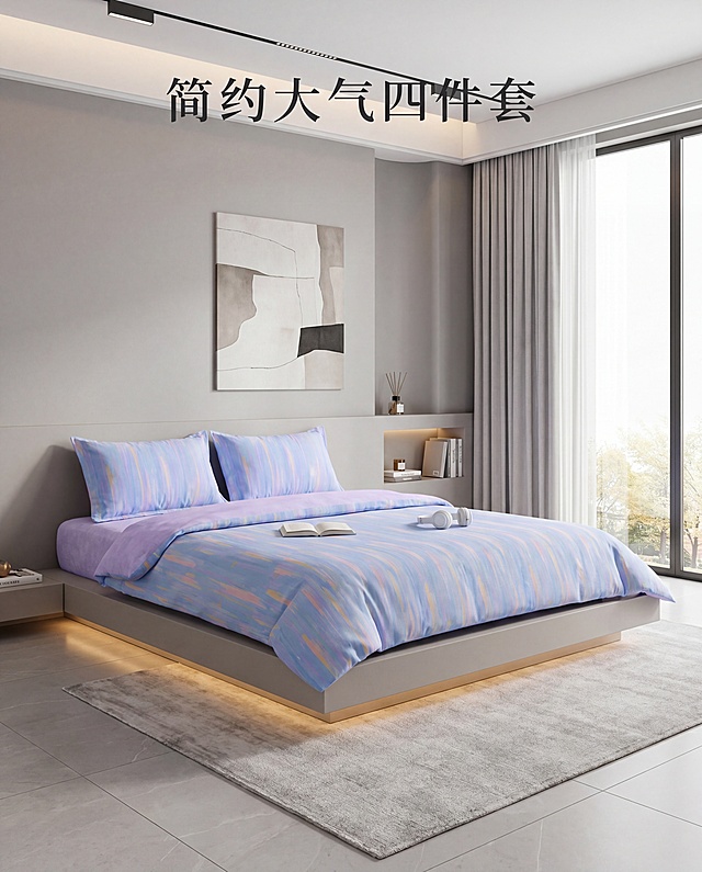 超写实电商主图摄影。
主体：四件套严格参照上传产品图，完整保留所有可见组件、部件、轮廓、结构、比例、材质、颜色与产品本体上的图案信息，与上传图完全一致；只更换背景，不改变床上四件套本体。在图片上方添加正楷字体文字"简约大气四件套"。
呈现模式：A 整体展示
构图与使用状态：45°俯拍，四件套完整铺陈整张床，被+枕+床单三件齐。
风格：简约大气现代风。
场景概念：大平层主卧，简约大气起居空间
承载与空间：①床头墙面，浅灰哑光乳胶漆，通顶极简设计；②地面，浅灰色大尺寸瓷砖；③床架，无床头极简落地床架
家具选型：一体式悬浮地台床，侧面嵌入式壁龛收纳
灯光营造：顶部磁吸轨道灯加床底氛围灯，干净利落无冗余
软装搭配：①床头侧面，嵌入式壁龛放香薰和书籍；②床前，浅灰色水洗地毯；③墙面，一幅大幅抽象简约装饰画；④窗沿，极窄边框落地窗配浅灰窗帘
配色：主色浅灰、炭灰、奶白、浅咖低饱和色系，搭配浅灰莫兰迪配色，和床品色系呼应；主色占65%，辅助色占25%，点缀色占10%
材质：乳胶漆 / 瓷砖 / 金属 / 布艺，共4种材质
光影：主光落地窗45°柔光，干净明亮无多余阴影，契合简约大气风格
参数：4K 写实。严格锁定宽高比为 4:5