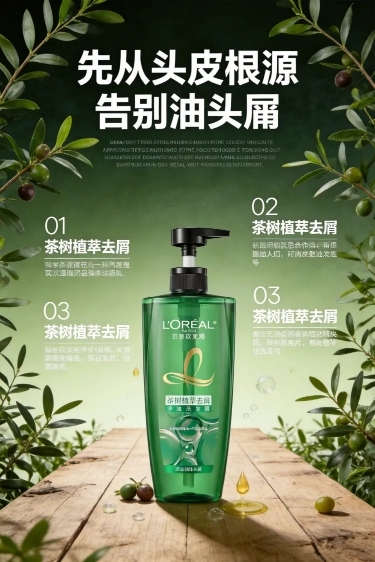2:3竖版电商详情页首屏海报，欧莱雅茶树植萃去屑净油洗发露绿色按压瓶放置在画面视觉中心偏下位置，风化浅木色平台从画面底部向左右延伸，大量天然茶树枝叶从画面两侧向中心舒展，茶树果实、萃取精油液滴和气泡散预览效果