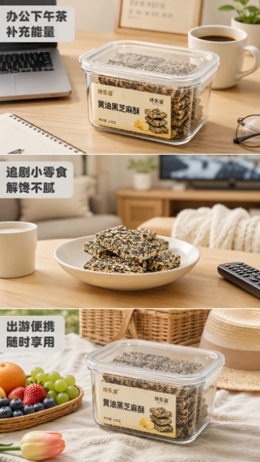 「图片1」，生成一套详情页（6张），商品名称是诗乐滋黄油黑芝麻酥，适配淘宝/天猫平台，详情页比例为9:16预览效果