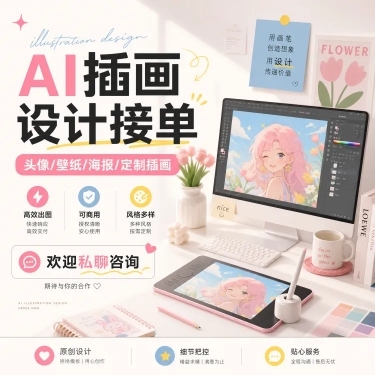 AI插画设计接单宣传图，现代简约ins风，展示数位板、电脑等设计工具，明亮活力配色，醒目文字突出接单服务，适合朋友圈/闲鱼推广，画面干净高级吸引客户预览效果