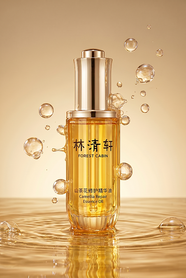 精华油产品图，保留原图所有元素：林清轩 FOREST CABIN 山茶花修护精华油 Camellia Repair Essence Oil 瓶身、水面波纹、透明气泡飞溅效果、产品倒影。仅将背景金色渐变调淡，整体色调更柔和、通透，降低饱和度与明度，保持暖调但不刺眼，确保产品主体仍清晰突出。4K分辨率，严格锁定宽高比为 2:3。