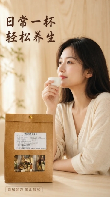 「图片1」，生成一套详情页，商品名称为参芪茯苓陈皮茶，适配抖音/快手平台，单图比例为9:16，需求屏数为6张。原材料为：黄芪，西洋参，茯苓，甘草，陈皮预览效果