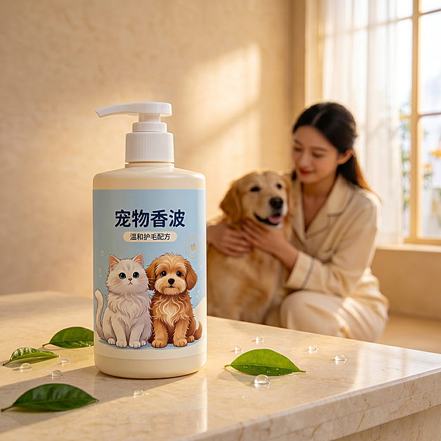 宠物香波沐浴露，严格参照上传图二产品图，完整保留所有可见组件、部件、轮廓形状、结构、比例、材质质感、颜色与产品本体上的文字信息（包括"宠物香波"、"温和护毛配方"、成分表信息和使用说明），与上传图完全一致。
室内窗边桌面场景，舒适明媚暖黄色暖调。
中国年轻女性抚摸金毛犬，产品放置在前景浅色大理石桌面，还原参考图（图1）自然光方向，主光从右侧窗户斜入45度，产品受光面泛起暖米黄色、暗部映射浅棕光晕，与环境物理融合。产品特写偏前景，微侧视角偏转20度。
全量换款清单：①桌面：参考图（图1）浅米色大理石 → 保留大理石材质，浅暖米黄色纹理；②绿叶：参考图（图1）4片绿叶 → 生成图保留3-5片新鲜绿叶，保留水珠；③人物：参考图（图1）中国女性，米色睡衣，黑发 → 保留中国女性、年轻、黑发、抚摸金毛犬的姿态，换浅卡其色家居服款式；④金毛犬：参考图（图1）金毛犬 → 保留金毛犬品种与坐姿，换不同毛发纹理；⑤背景墙面：参考图（图1）米黄色墙面 → 保留暖米墙面，换浅暖纹理；⑥窗户：参考图（图1）右侧白色窗户透自然光 → 保留白色窗框透自然光，换不同帘饰款式。
整体风格舒适明媚温馨，生活化有温度。4K 分辨率，严格锁定宽高比为 1:1。
