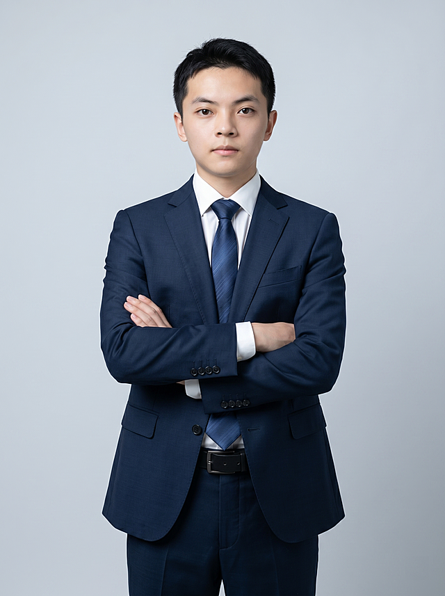 参考图中保留人物脸型、发型、年龄等特征生成职场形象照，身穿精纺羊毛混纺面料的深墨蓝色西装外套(含5%桑蚕丝提升柔光质感),平驳领(商务感正式感),左胸袋无口袋巾(简化高级感),西装下摆自然垂度;内搭长绒棉白色衬衫(温莎领),袖口贴合手腕1cm(无堆叠);搭配精致且高级的深蓝色斜向微微渐隐光泽感极细条纹商务感领带(丝提花材质,低饱和柔光渐隐);下装精纺羊毛混纺面料的深墨蓝色高腰直筒西裤(面料同西装);搭配黑色哑光头层牛皮皮带(宽2.5cm),带扣为长方形拉丝黑色金属(1.8cm×3cm)。标准焦段50mm,F/4光圈(处于F/2.8-F/4区间),平视视角(镜头与人物视线齐平);人物占画面70%,人物居中(居中构图),位于画面中心,为视觉聚焦点,入境范围头部及以下至臀部下方10cm(半身像)构图。呈正面抱胸的自然站立姿态:左臂搭于右臂上方,肩颈自然松弛下沉,姿态自信从容｡正式严谨专业稳重,身形匀称,姿态端正姿势。简约冷调浅灰色纯色背景(呈现均匀柔和质感),极简干净背景，背景光线均匀柔和,强化色彩对比的高级感。发梢微微修整,干练大气,主体锐利,画质超高分辨率、细节清晰,现代精致感风格;肤质精细化处理;眼神直视镜头,目光坚定且澄澈,表情自然。肤质自然细腻,肤色健康均匀,哑光肤质清爽干净,保留真实皮肤细节;杰作,最佳画质,超高细节,写实摄影,中近景人像,皮肤质感自然清晰,柔光,正面补光,画面干净清新,高清皮肤细节;面部光比1:1.5,4800K中性光,微微修饰脸型,肤质哑光细腻,面部雾面柔光,轻透裸肌感,真实毛孔纹理;分辨率4K,严格按照图片内容生成，画面比例3:4