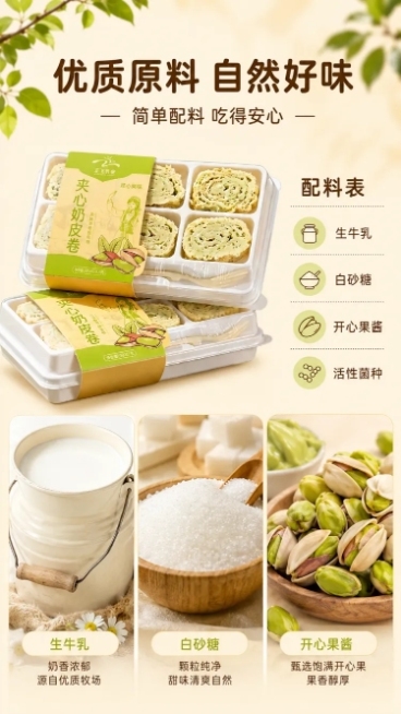 [第2屏] 详情页成分展示-正飞夹心开心果味奶皮子卷原料展示。
[氛围/风格] 自然原生态风格，干净清新商业美食摄影，突出原料天然优质。
[元素布局] 左侧上下分栏，上半部分放完整产品包装，保持包装结预览效果