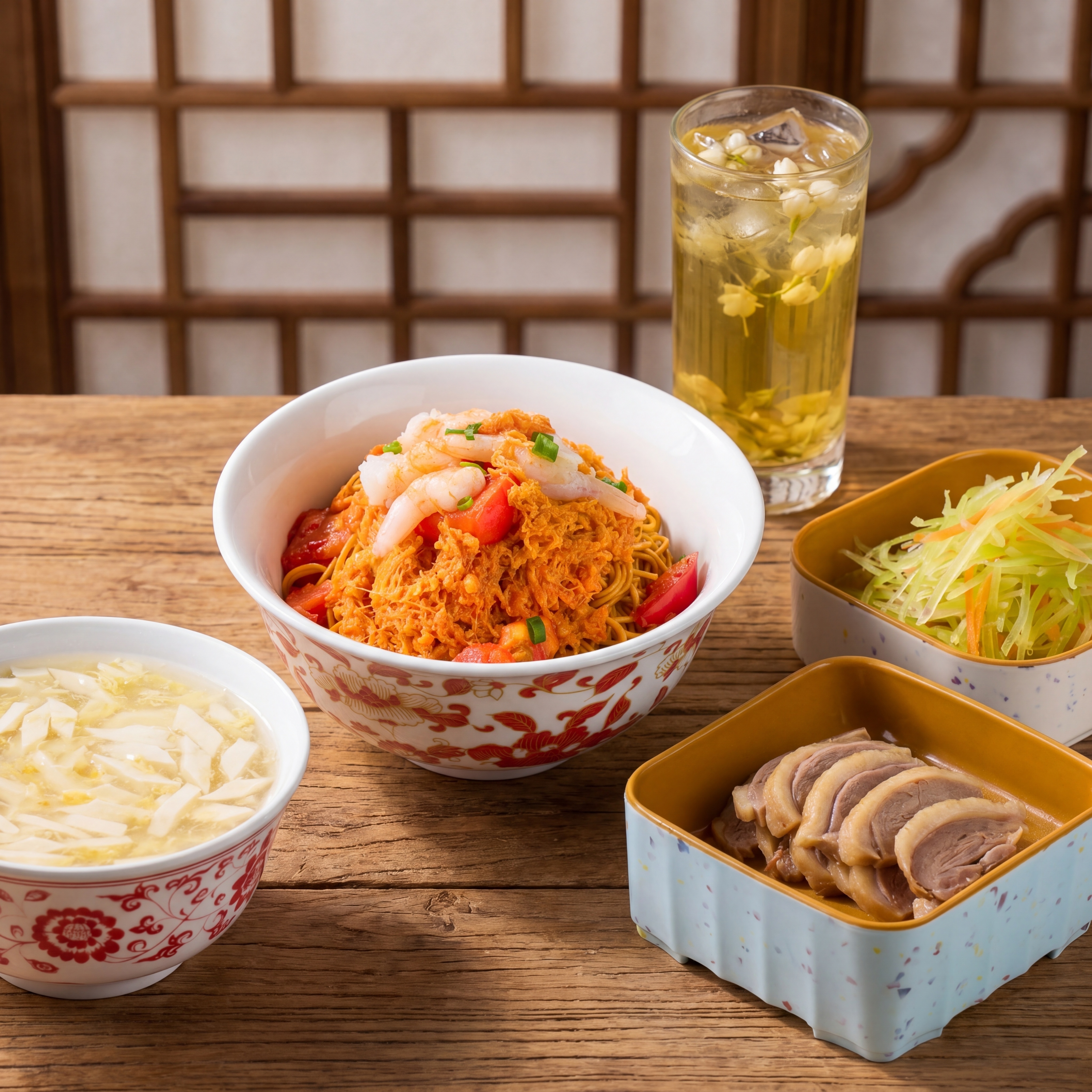 将参考图中的菜品整合，碗面作为主体，其余菜品为配菜，主次有序排… - 图片创意预览