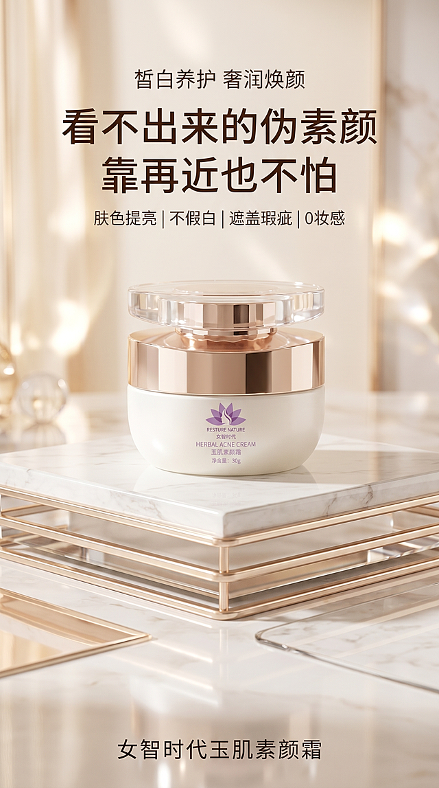 轻奢优雅美妆产品海报。
主体：玉肌素颜霜严格参照上传产品图，完整保留所有可见组件、轮廓、结构、比例、材质、颜色与产品本体上的文字信息（logo / 品牌名 / 产品名 / 净含量等），与上传图完全一致；清除原有画面中的文案和装饰元素。
构图与承载：产品放置在法式轻奢大理石展台，产品为唯一视觉焦点，背景无其他同类美妆产品，符合真实比例，自然融入场景光影，与场景共处同一物理空间。
风格：轻奢优雅高级风。
场景氛围：法式奶油轻奢优雅展台。
环境材质：①产品放置于白色大理石展台，大理石纹理质感，镜面香槟金属反光。
动态生机：焦散光斑，氛围感。
配色/材质：米白色/浅香槟金/淡紫色；大理石/金属/膏体质感。
光影：主光来自产品斜前45度，香槟侧逆光，治愈漫射光，膏体质感细腻反光，整体暖调柔和，突出产品通透高光。
添加文字文案：上方小字"皙白养护 奢润焕颜"，中部大字"看不出来的伪素颜 靠再近也不怕"，下方小字"肤色提亮 | 不假白 | 遮盖瑕疵 | 0妆感"，底部品牌文字"女智时代玉肌素颜霜"。
参数：4K写实，严格锁定宽高比为 9:16。