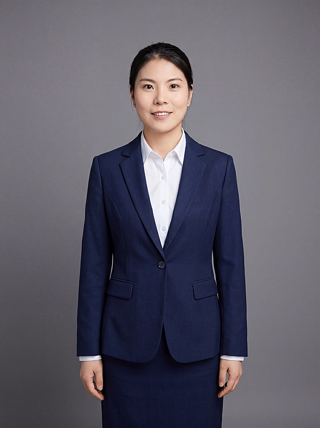 参考图中保留人物脸型、发型、年龄等特征生成教师职业全身正装形象照，标准焦段50mm，f/4光圈，平视视角，镜头与人物视线齐平；人物占画面主体，居中构图，位于画面中心，为视觉聚焦点，全身照，展现人物完整身形；头部与画面顶部保留少量空间；头身比例协调，人物结构准确；身穿藏青色精纺羊毛混纺西装外套，平驳领设计，面料呈细腻微微哑光质感；内搭白色高支精梳棉衬衫；下装藏青色精纺羊毛混纺西装套裙；着装正式干练；知性儒雅、从容亲和；身形匀称，姿态端正，身体挺拔。呈自然站姿，双手自然垂放，肢体放松且自信；佩戴精致配饰；发质微微柔顺，微微蓬松。简约微微中度灰色纯色背景，呈现均匀柔和质感，背景光线均匀柔和，强化色彩对比的高级感，极简干净。画质超高分辨率、细节清晰，现代精致感风格；肤质精细化处理；眼神直视镜头，目光坚定且澄澈，表情自然。嘴角上扬；清透自然裸妆，轻薄底妆+淡唇妆，妆感轻薄轻透裸肌感，通透感肤质，肤质自然细腻，肤色健康均匀，雾面柔光裸肌感，保留真实皮肤细节；正面柔光补光，4800K中性光，面部光比1:1.5，色调明亮；分辨率4K，去除人物之外的所有元素，严格按照图片内容生成，画面比例3:4。