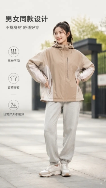 结合参考图，围绕护外男女同款冲锋衣，制作电商详情页，整体选用干净，有活力，有运动感，浅系色调，贴合男生女生穿搭，通勤，护外登山，多类使用环境，面向全年龄段大众群体打造质感与简约高级观感的页面风格，全方预览效果