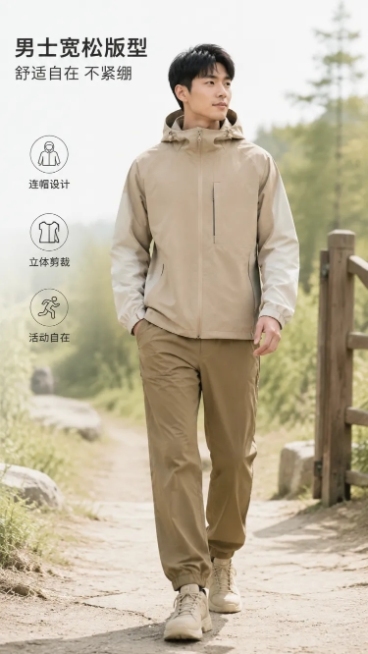 结合参考图，围绕护外男女同款冲锋衣，制作电商详情页，整体选用干净，有活力，有运动感，浅系色调，贴合男生女生穿搭，通勤，护外登山，多类使用环境，面向全年龄段大众群体打造质感与简约高级观感的页面风格，全方预览效果