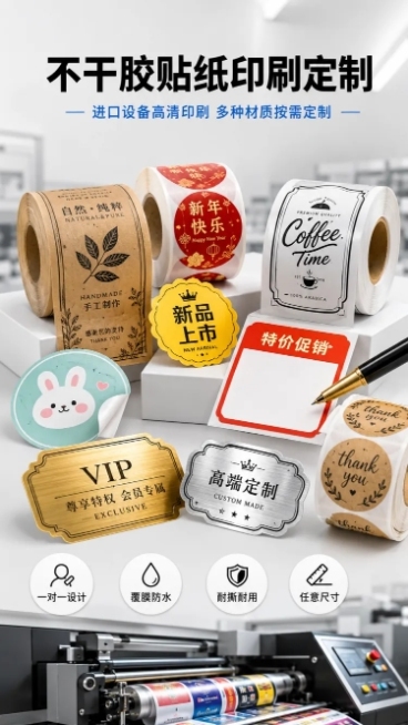 [第1屏] 详情页头图-不干胶贴纸印刷定制宣传海报。
[氛围/风格] 专业印刷服务宣传风格，浅灰色简约背景，清晰明亮，商业设计质感，专业可靠。
[元素布局] 展示各类不干胶贴纸样品，包括牛皮纸标签、圆预览效果