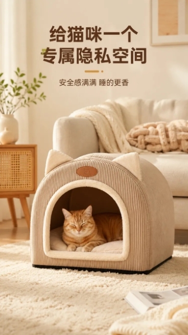 详情页第五屏，猫咪使用场景展示，温馨客厅居家环境。一只橘色猫咪自然趴卧在猫窝里，猫咪舒适放松，猫屋放在地毯上，背景是浅色沙发。整体氛围温馨治愈，展示猫屋的真实使用空间。顶部标题给猫咪一个专属隐私空间，预览效果